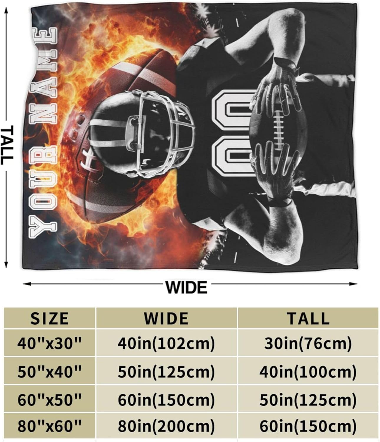 Custom Football Blanket with Name No. for Women Men, Personalized Cool Football Themed Design Printed Throw Blankets for Teens Adults Couch Bed, Giftable Blanket, 60"x 80"