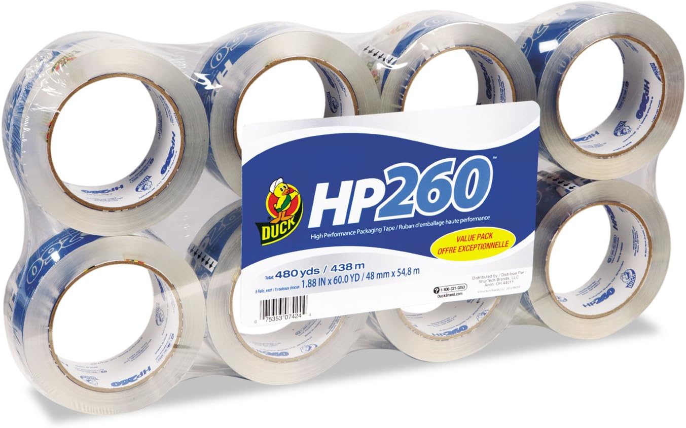 Duck 0007424 - Carton Sealing Tape, 1.88 x 60 Yards, 3 Core, Clear, 8/Pack
