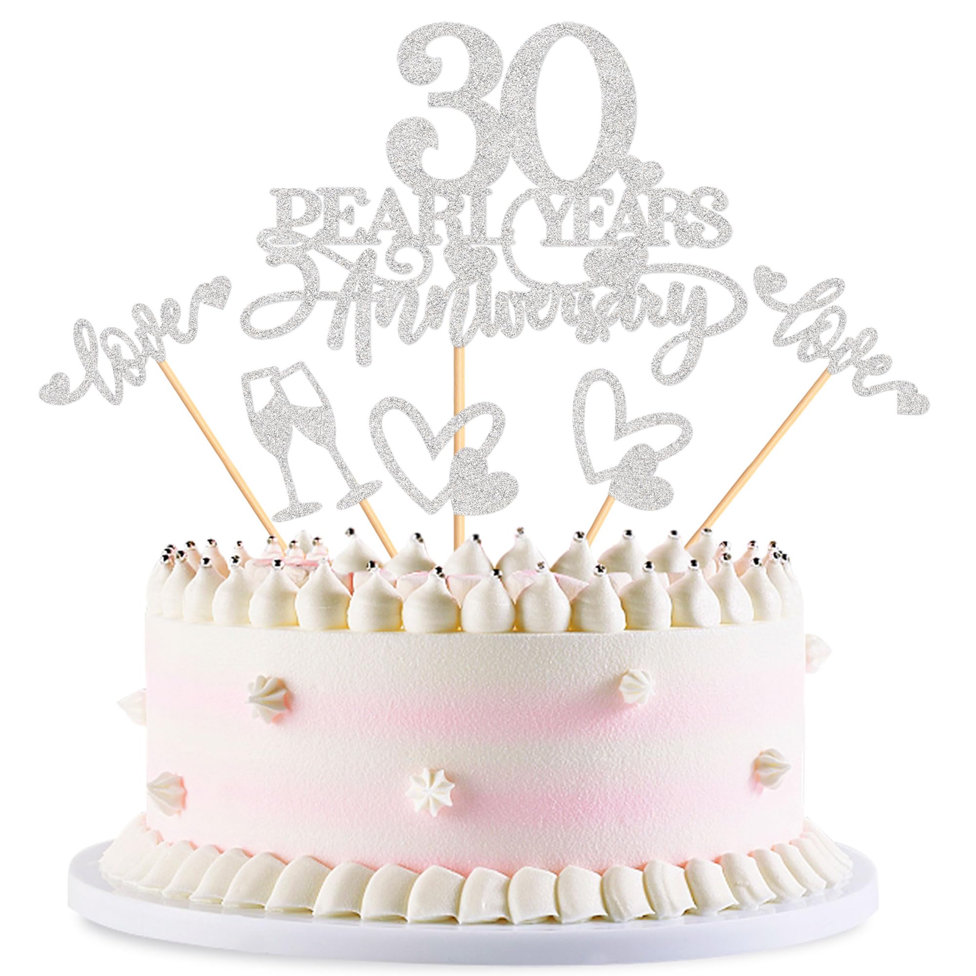 Blumomon 25Pcs 30th Anniversary Cake Toppers Silver 30th Weddding Anniversary Heart Cake Decoration for 30 Pearl Wedding Celebration Party Supplies