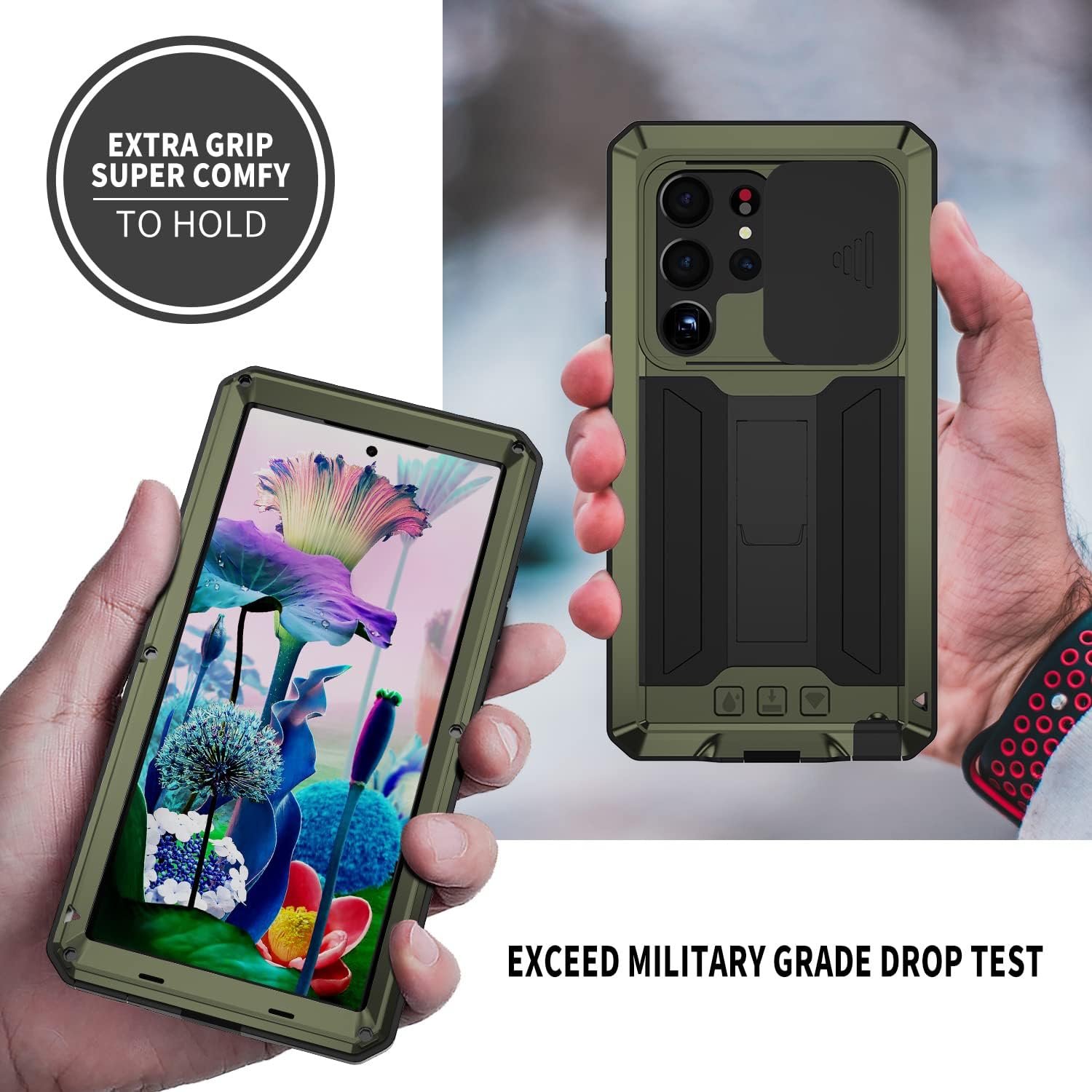 Compatible for Samsung Galaxy S23 Ultra Metal Phone Case Cover,Military Grade Heavy Duty Rugged Metal Case, Full-Body Bumper Protective Cover with Kickstand & Screen Protector & Slide Camera(Green)
