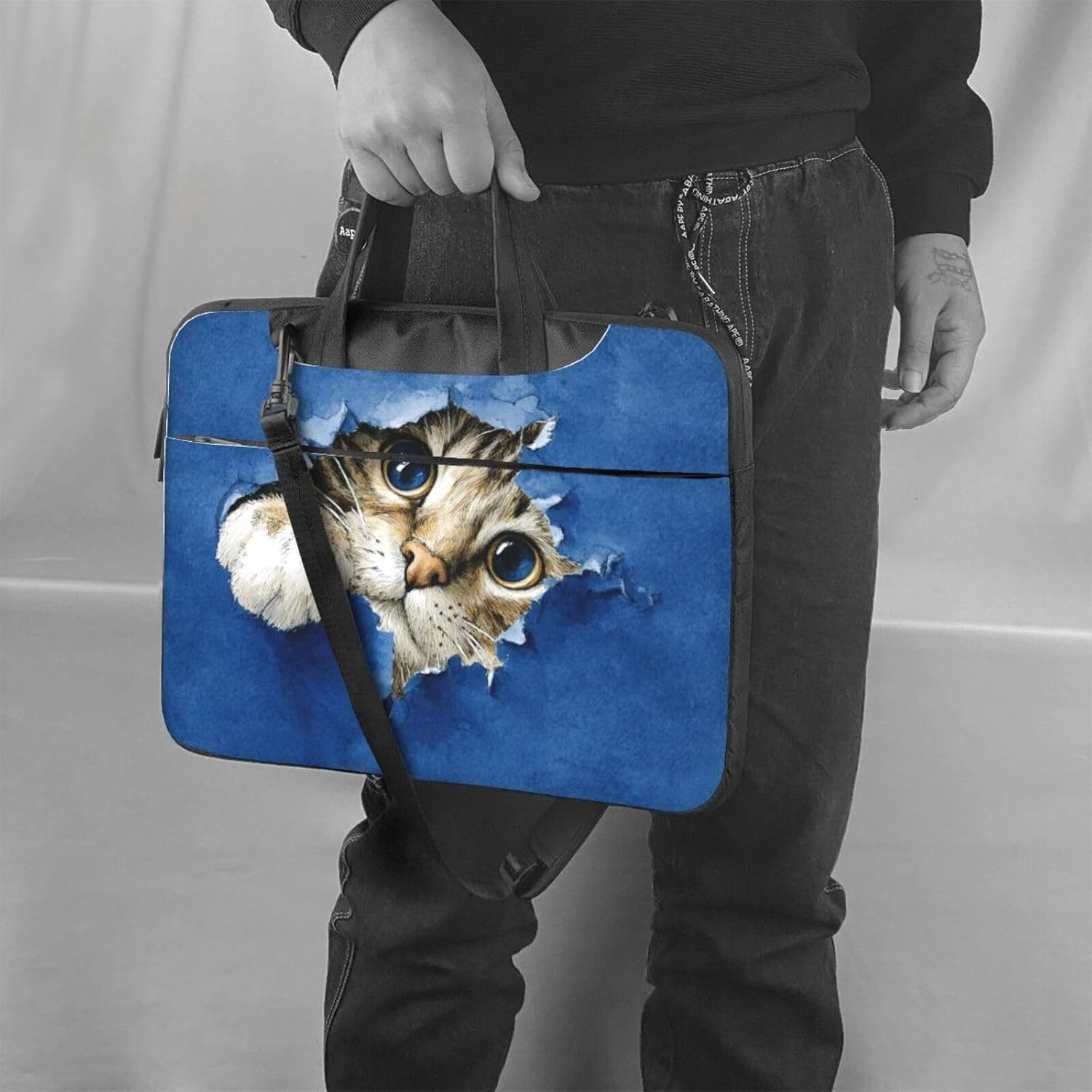 Cat Peeking Out A Hole Blue Paper Watercolor Laptop Bag image 2