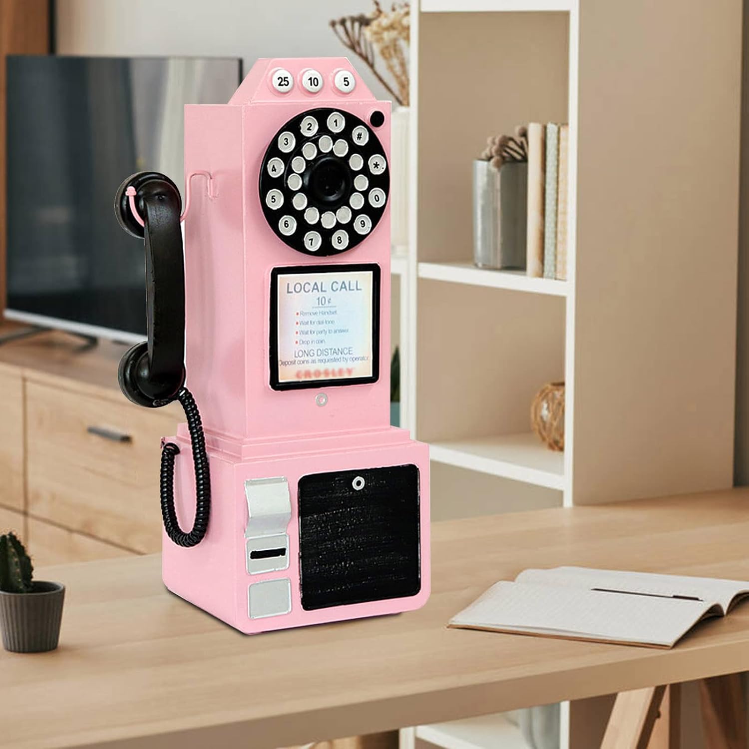Antique Telephone - Rotary Dial Landline Phone Model Vintage Classic Phone Props Retro Wall Mounted Crafts Ornaments Cafe Bar Window Booth Decoration - 9.8''L x 6.3''W x 19.7''H, Pink-B image 5