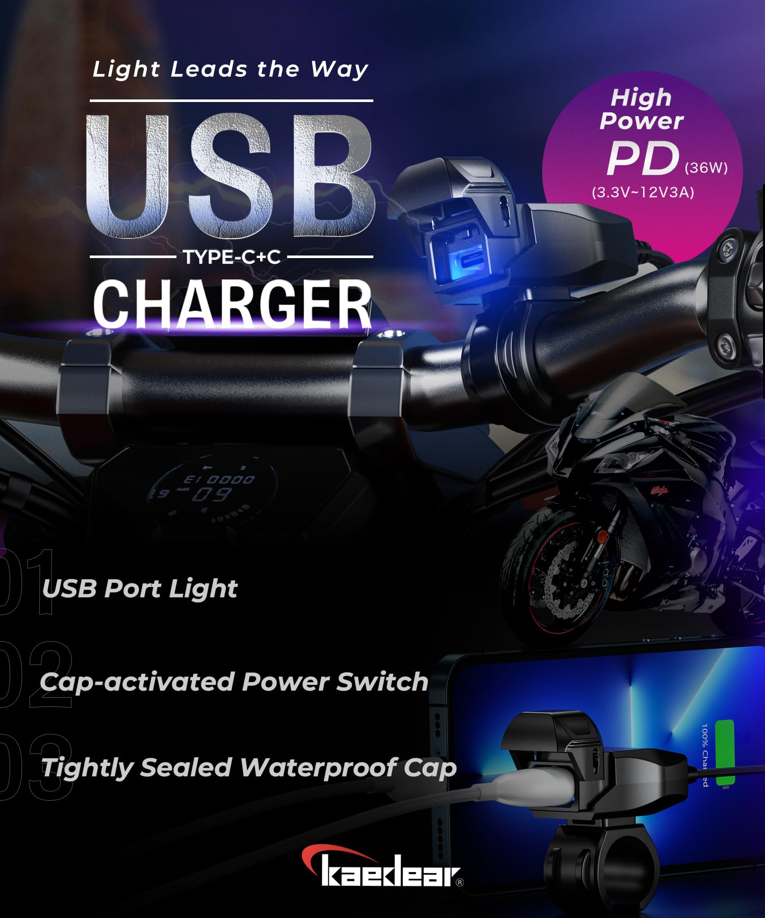 Kaedear Motorcycle USB Power Supply Waterproof Phone Charging Port SAE DC 12V Fuse Power Switch, Type C + Type C, Ultra-Fast Charging 5V/9V/12V, Light-Guided USB Charger KDR-M3-CC