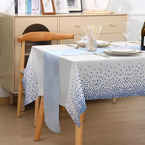 Miniatura 7 de Juego de 12 manteles de plástico y camino de mesa de satén, desechables, punto blanco y azul, 54 x 108 pulgadas, mantel de satén azul cielo para