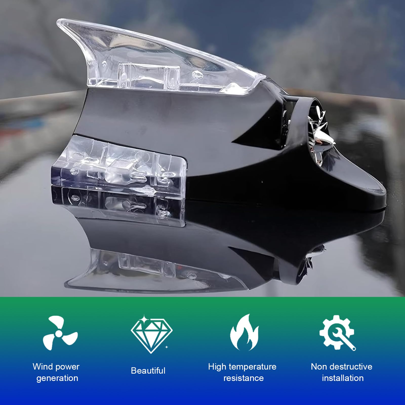 Glowing Car Roof Shark Fin Decor Cover, LED Wind Power Warning Flash Lamp, Self-Adhesive Auto Exterior Accessory, Universal for Most Cars (Black)