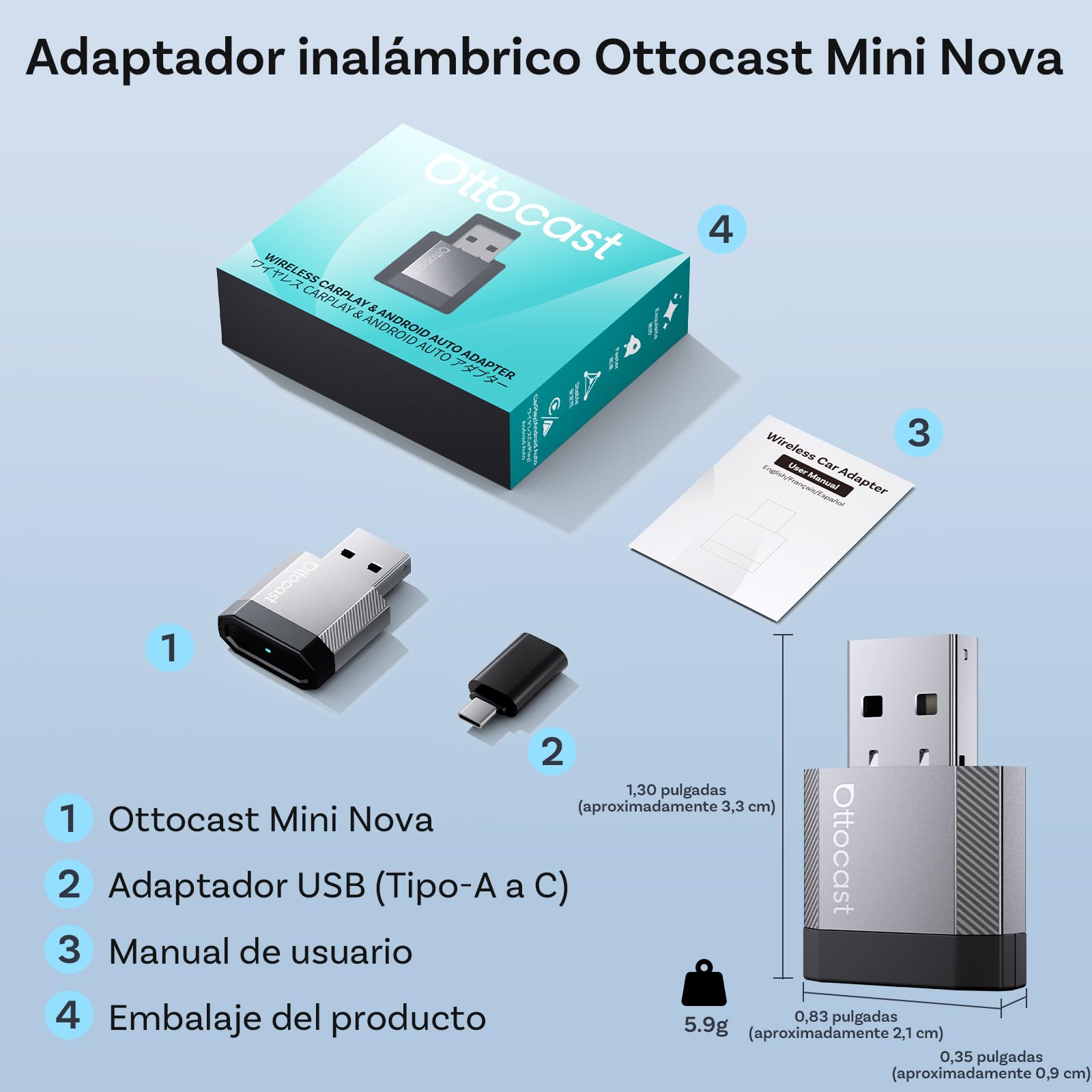 OTTOCAST 2 en 1 Inalámbrico CarPlay y Android Auto Adaptador, Mini Nova 2026 Wireless Adapter Ultra-Compacto, Compatible con ChatGPT Gemini (iOS 26.3+), Plug & Play para CarPlay/Android Auto por Cable
