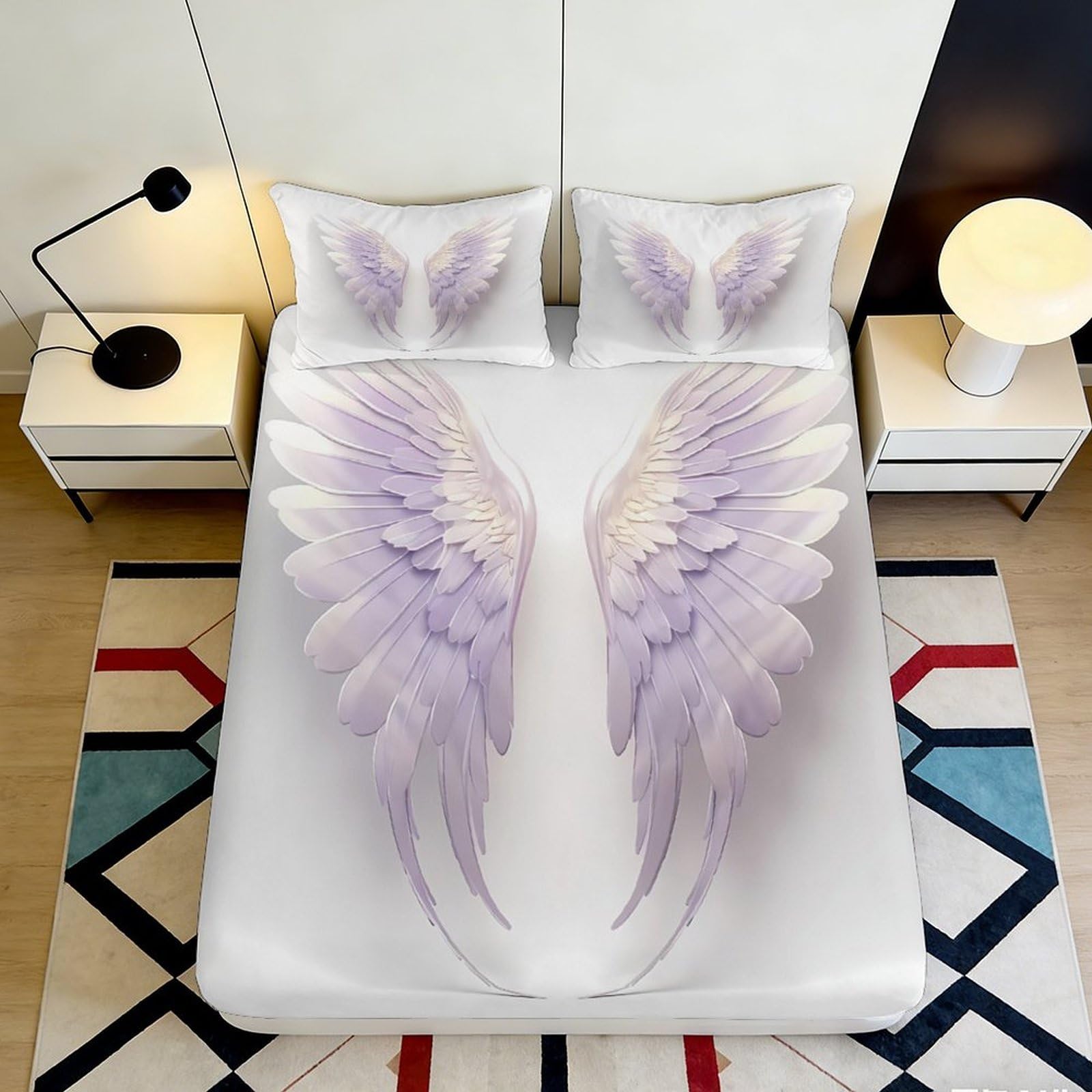Pnayamiorkfel Style-3 3D Printed Angel Wings Fitted Sheet Microfiber Soft Purple Bed Cover For Bedroom Guest Room Decor Protection 90X200x25cm