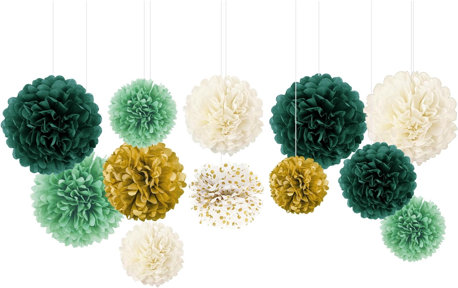NICROLANDEE Green Wedding Party Decorations - 12 PCS Emerald Green Ivory Tissue Paper Pom Poms for Neutral Baby Shower, Vintage Party, Birthday, Bridal Showers, Rustic Wedding Decorations