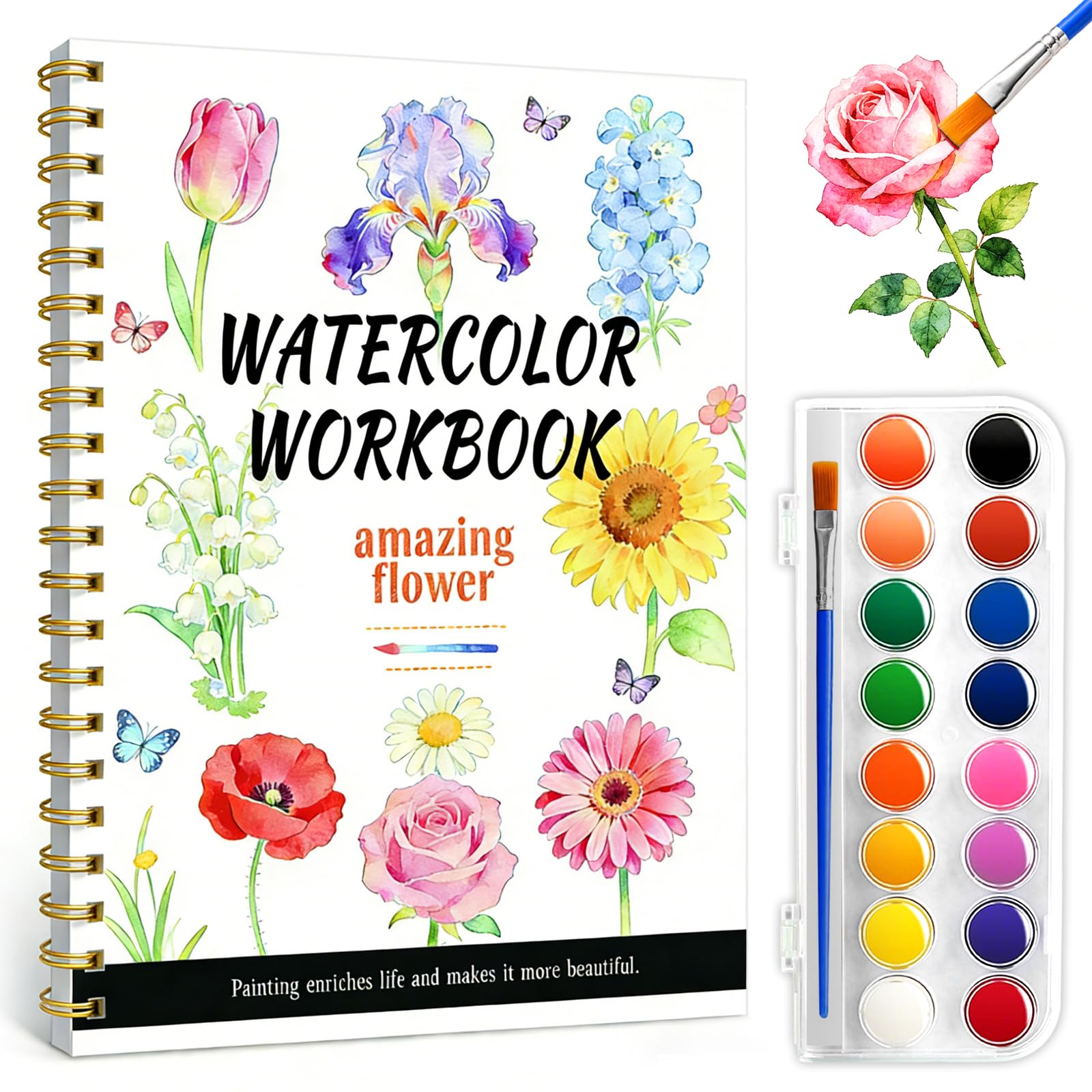 Qeeriner Watercolour Workbook for Adults, 14 Flower Patterns
