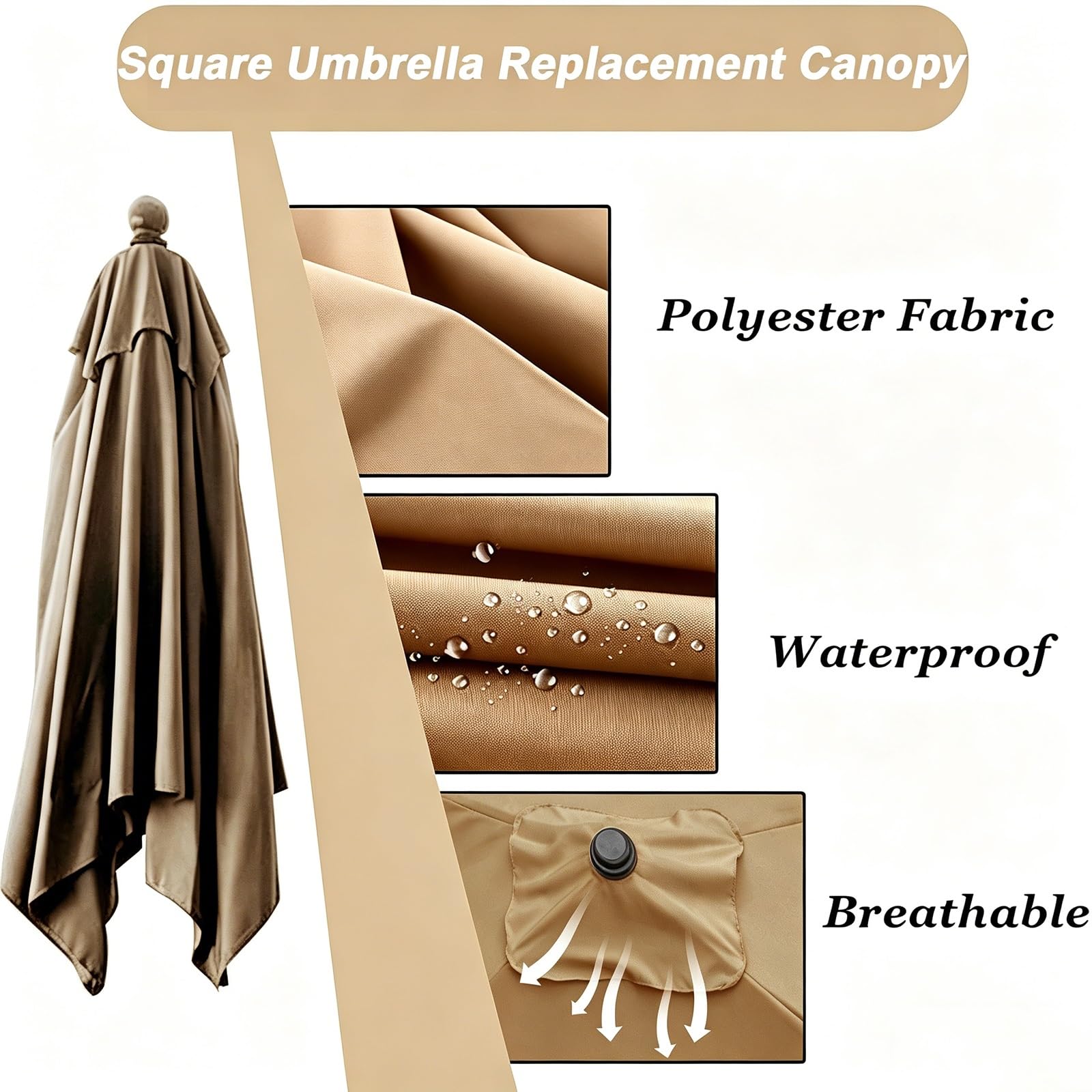 Telo di Ricambio per Ombrellone Rettangolare/Quadrato Copertura 4/6/8 Stecche Baldacchino di Ricambio impermeabile per Terrazzo Esterno(Beige,Square 2.7x2.7m)