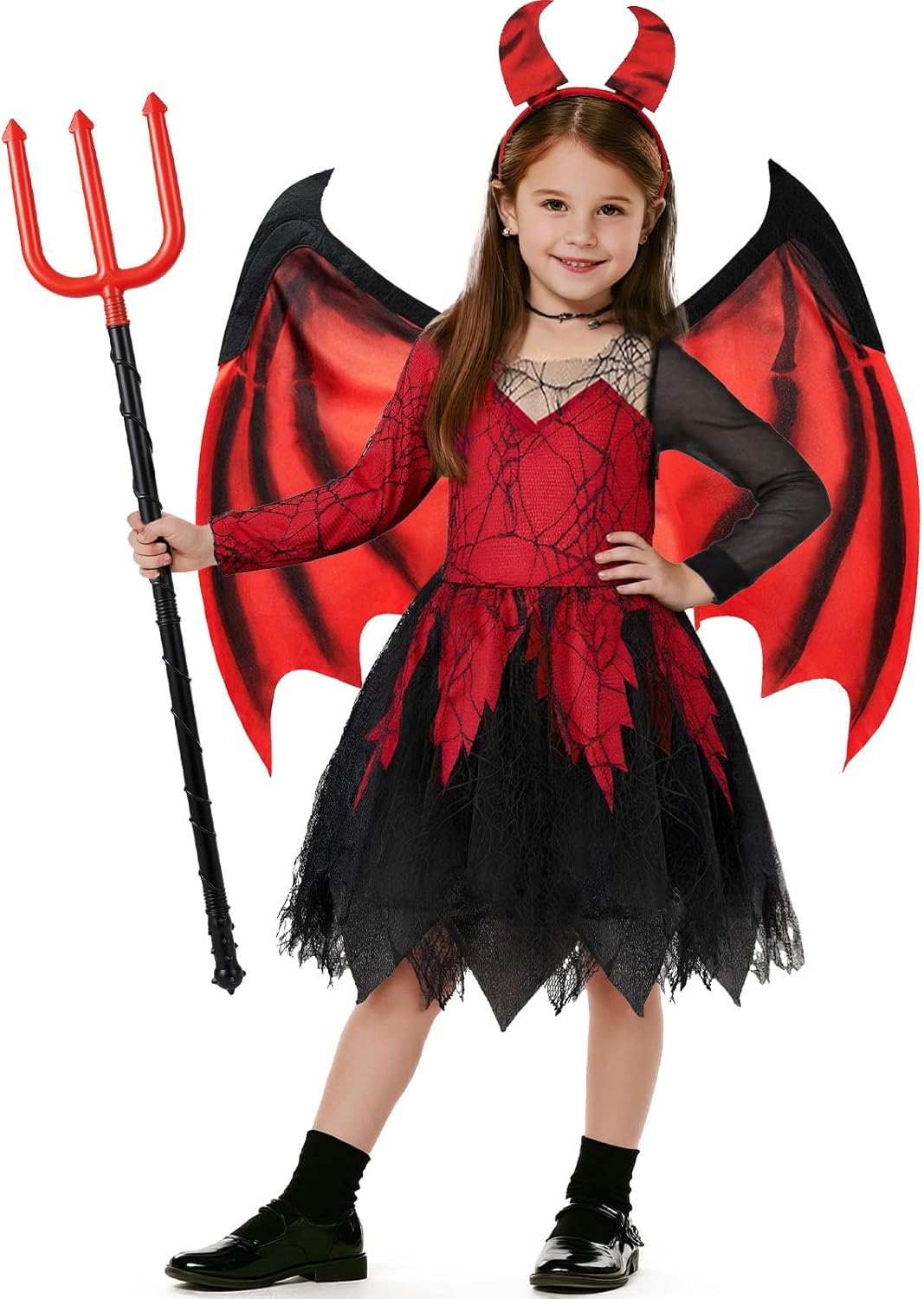 Latocos Girls Devil Costume Dress Kids Toddler Vampire Costume Halloween Dress Up Accessories Wings Wand Horns Headband Party 140(9-12Y)