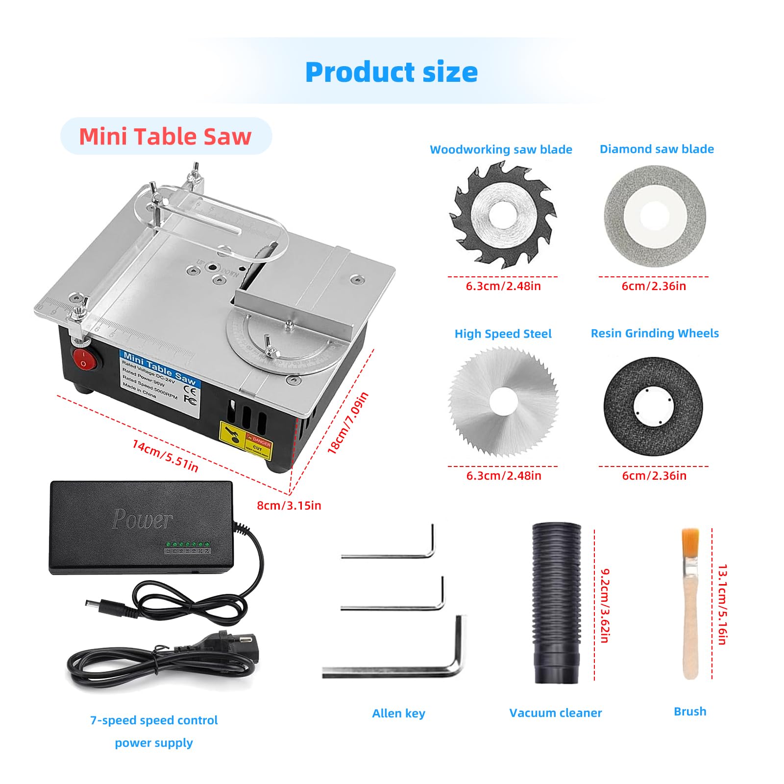 Mini Tischkreissäge, 7-Gang-Netzteil Einstellbarer Präzisions Table Saw mit 4 Klingen, 96W Tischkreissägen Tragbare 0,1-15mm Sägeblatt Höhenverstellbarer und Sicherheitsklappe für Holzbearbeitung