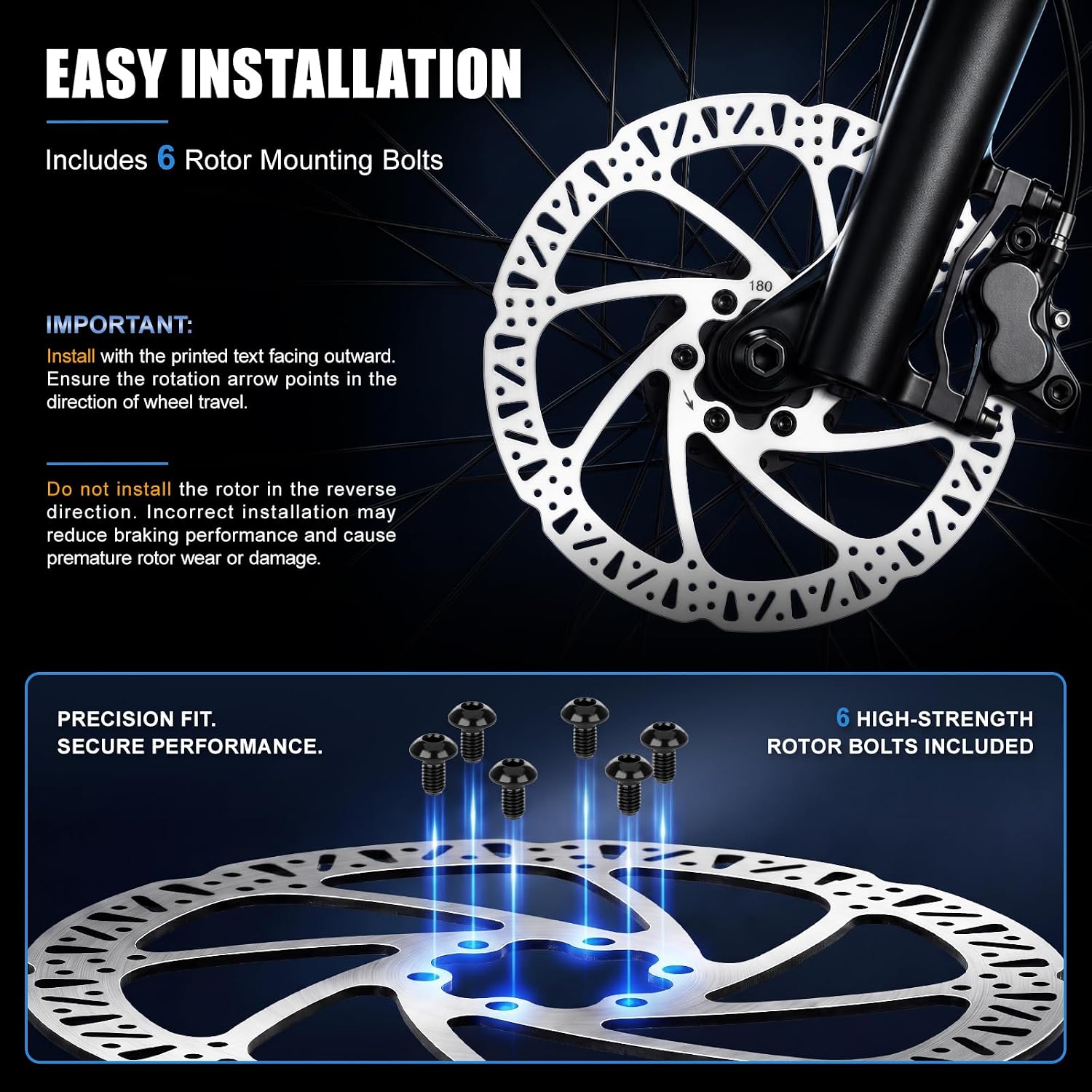 ELVANO 180mm Bike Disc Brake Rotor with 6 Bolts, Wear-Resistant Stainless Steel, Reliable Braking Power, Compatible with E-Bike, Road Bike, MTB, BMX (1PC)