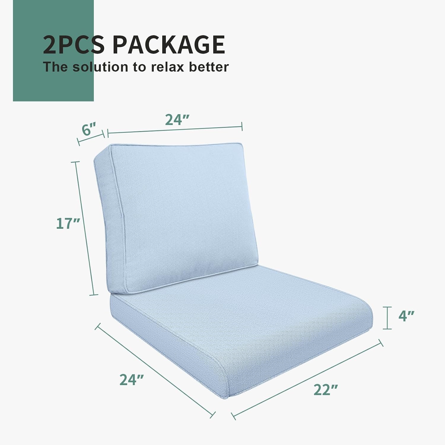 22x24 Inch Outdoor Seat Cushions 4" Thick, High Density Foam Patio Deep Back Chair Cushions, Water Repellent Replacement Cushions with Removable Cover for Patio Sofa Bench Swing, Light Blue