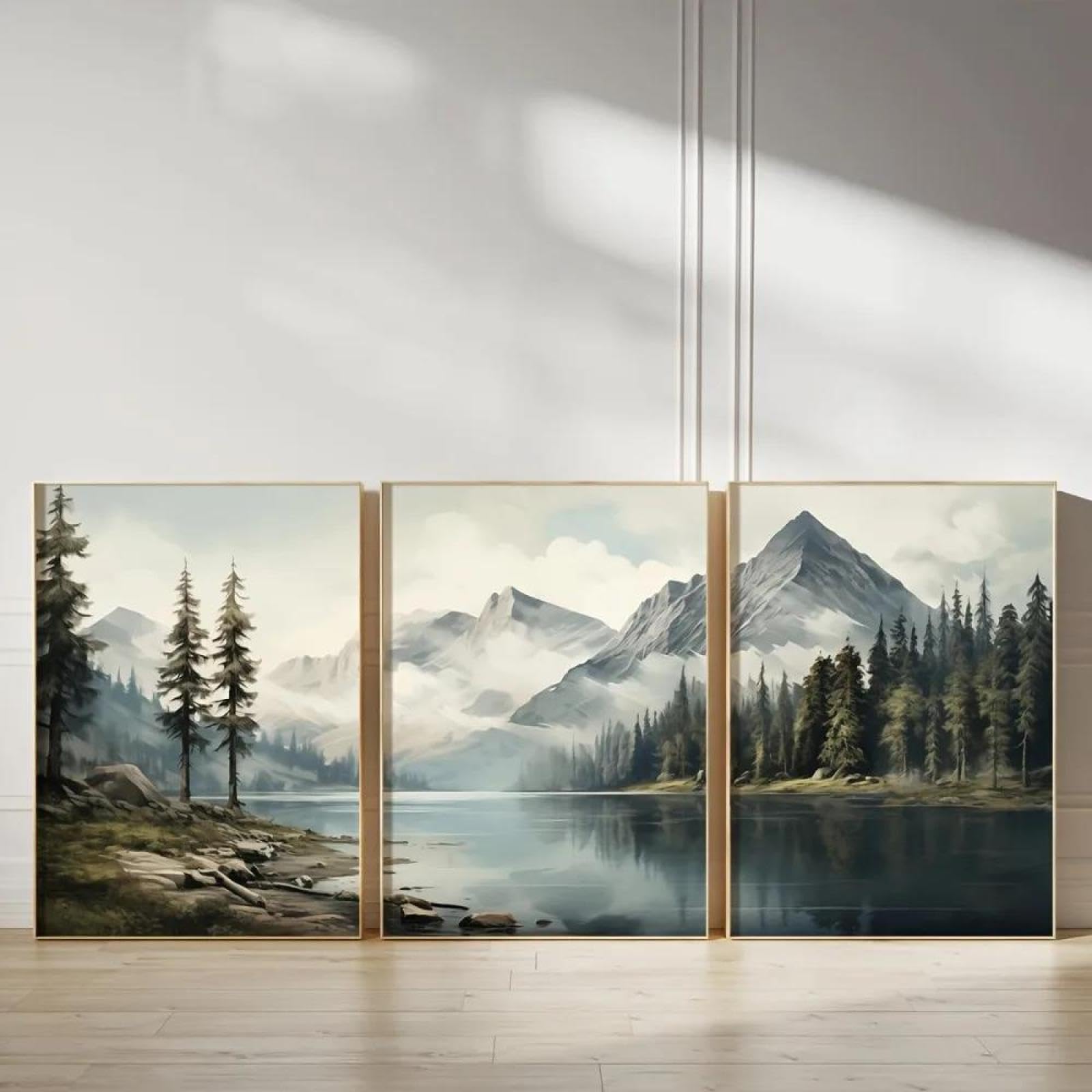 Baibexing Abstract Green Landscape Neutral Retro Mountain And Lake Canvas Painting Wall Art Poster Prints Picture Home Decor 50X70Cmx3Pcs Unframed