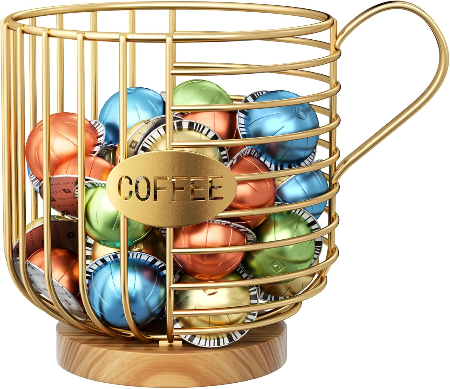 Coffee Pod Holder, 45+ Large Capacity Wire K Cup Storage Organizer with Solid Wood Base, Anti-Slip Coffee Capsule Holder for Kitchen Bar Counter, Compatible with K-Cups/Nespresso Espresso Capsules