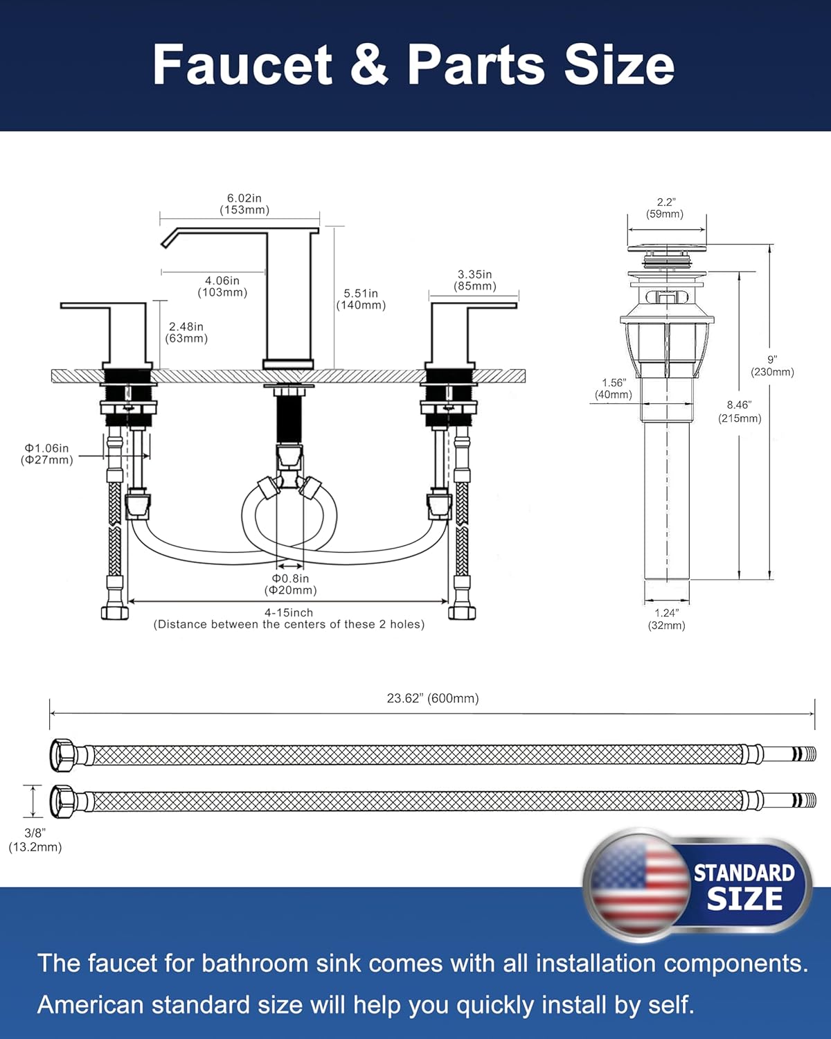 8 Inch Widespread Bathroom Faucets 3 Hole, Modern Aesthetic Waterfall Sink Faucet with Pop Up Drain & Supply Lines, Anti-Splashing & Stain-Resistant Matte Black Vanity Faucet for RV & Remodel