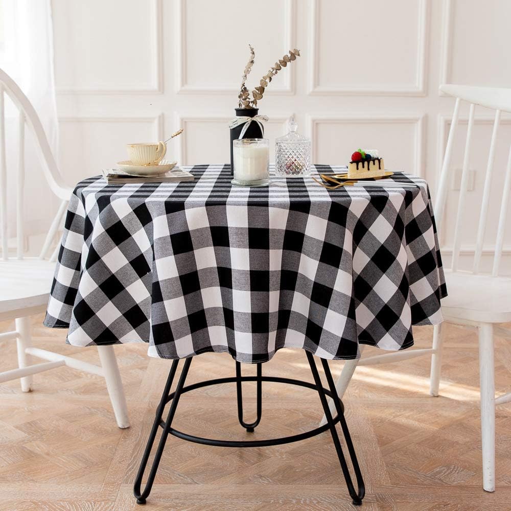 Lahome Buffalo Check Plaid Tablecloth - Cotton Linen Grid Gingham Table Cover Kitchen Dining Room Restaurant Party Decoration (Round - 60", Black&White)