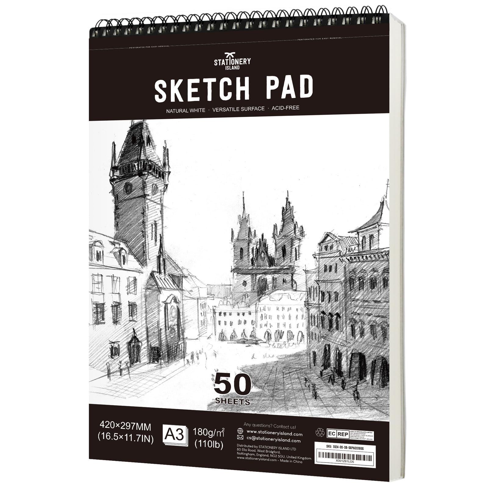 STATIONERY ISLAND Bloc de Dibujo, A3 Sketchbook 180g/m² Papel Grueso, 100 Páginas/50 Hojas Encuadernadas en Espiral Cuaderno de Dibujo 1 Pack