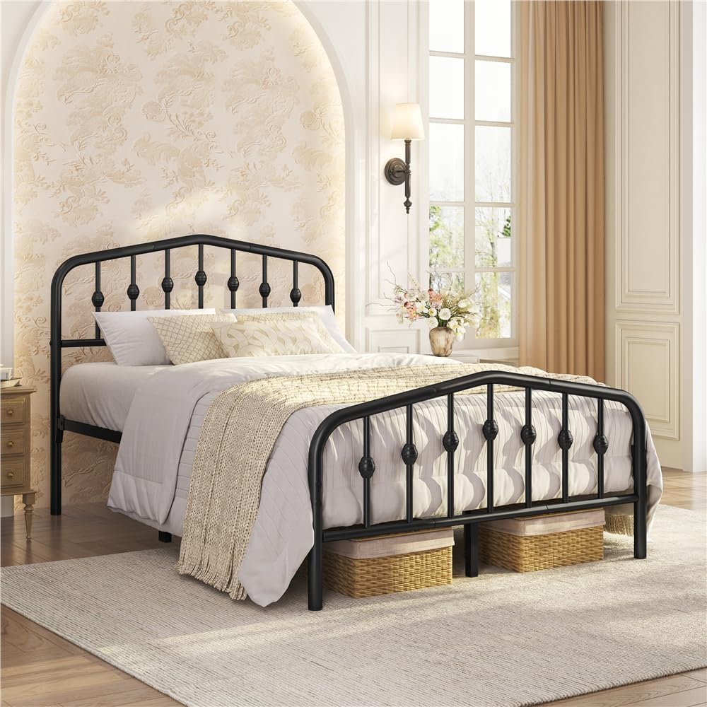 Yaheetech Full Platform Bed Frame, Victorian Crown Headboard, 800lb Capacity, 12.6" Under-Bed Space, No Box Spring Needed, Black