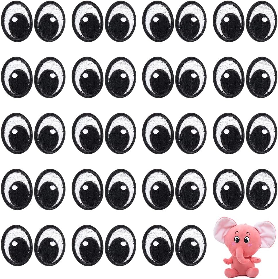 PH PandaHall 20 Pairs Oval Eyes Iron on Patches, 31.5x24mm Black White Embroidered Eyes Appliques Cartoon Eye Sew on Patches Art Supplies for DIY Clothing Costume Hat Bags Stuffed Animals