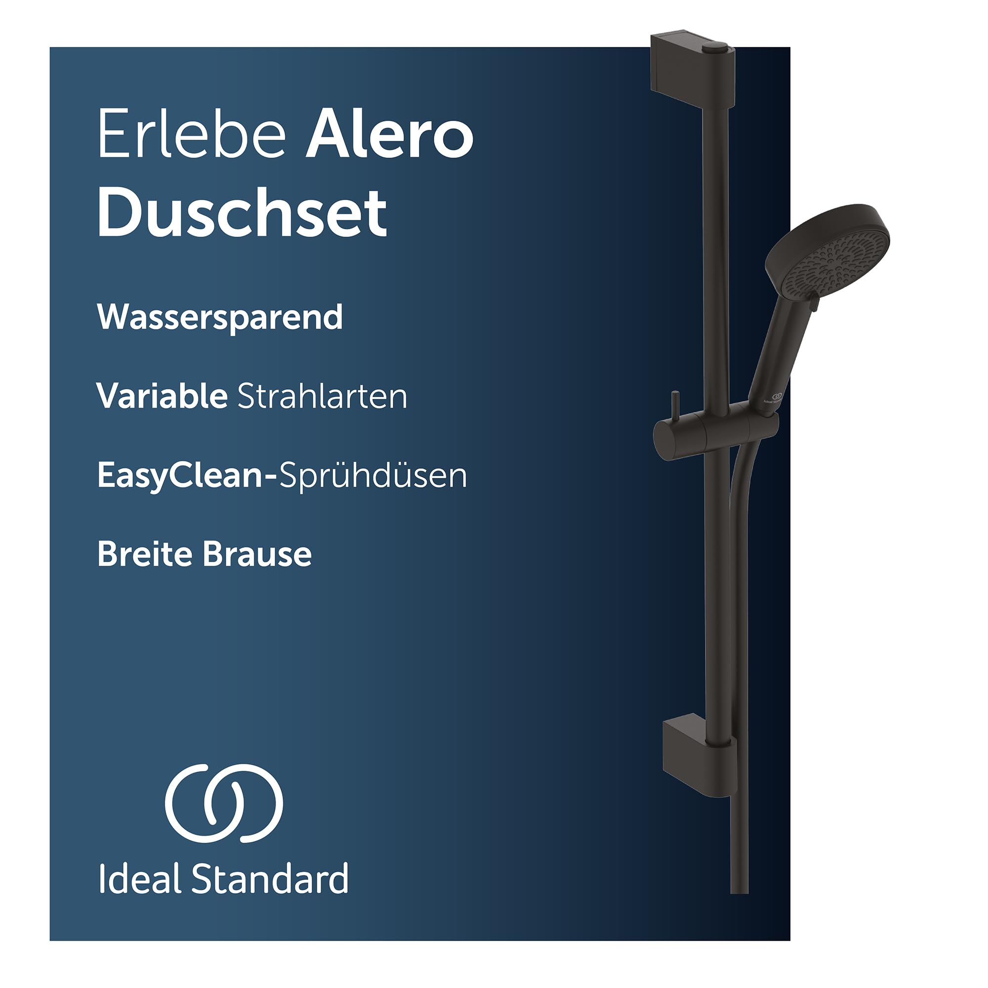Ideal Standard Alero RENO Duschset mit 640 mm Brausestange – Schwarz Matt | Wassersparende Brausekombination mit 640 mm Stange, Brause mit zwei Strahlarten, Idealflex-Duschschlauch 1750 mm, BE178XG
