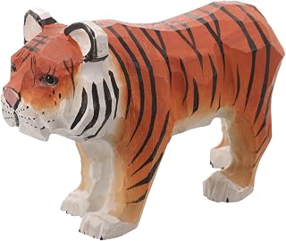 VILLCASE Wood Tiger Figurine Hand Carved, Miniature Small Tiger Ornament Bengal Striped Collectible Sculpture for Living Room Bookshelf Table Decorations
