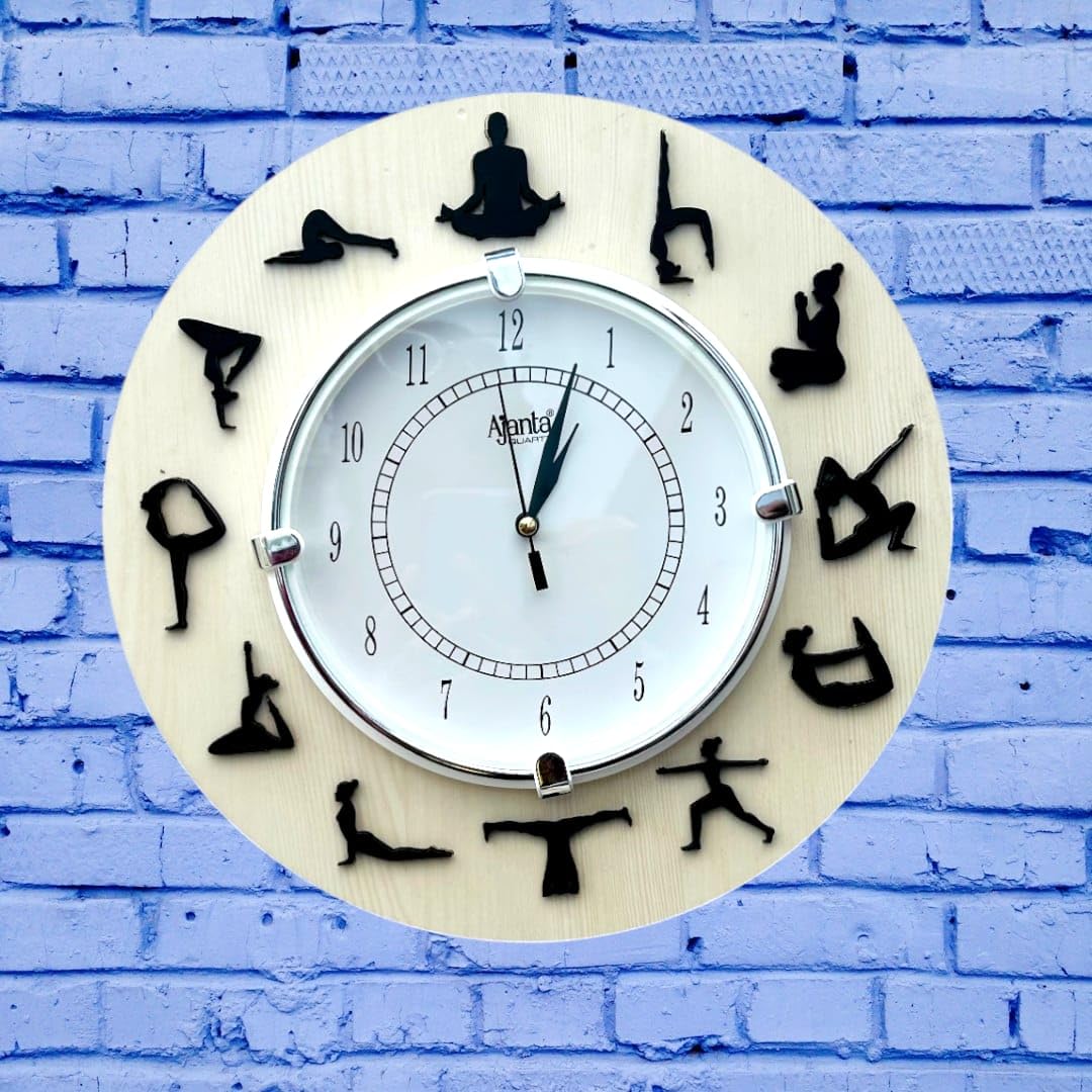 Angira Handicrafts Wooden Yoga Poses Wall Clock for Home,Office,Living Room-image-1