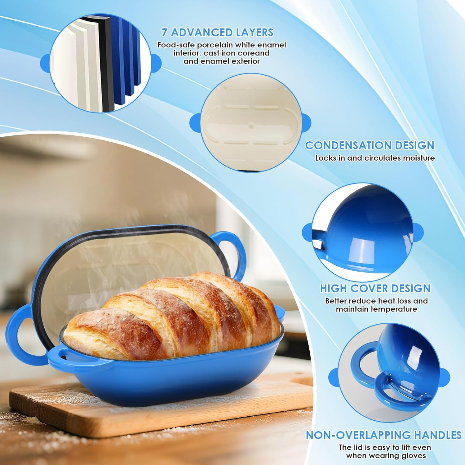 LIFERUN 2.5qt Enameled Cast Iron Dutch Oven for Sourdough Bread Baking, Oven Safe Dutch Oven Pot with Lid, Non-Stick Bread Oven Pot, Blue - Image 3