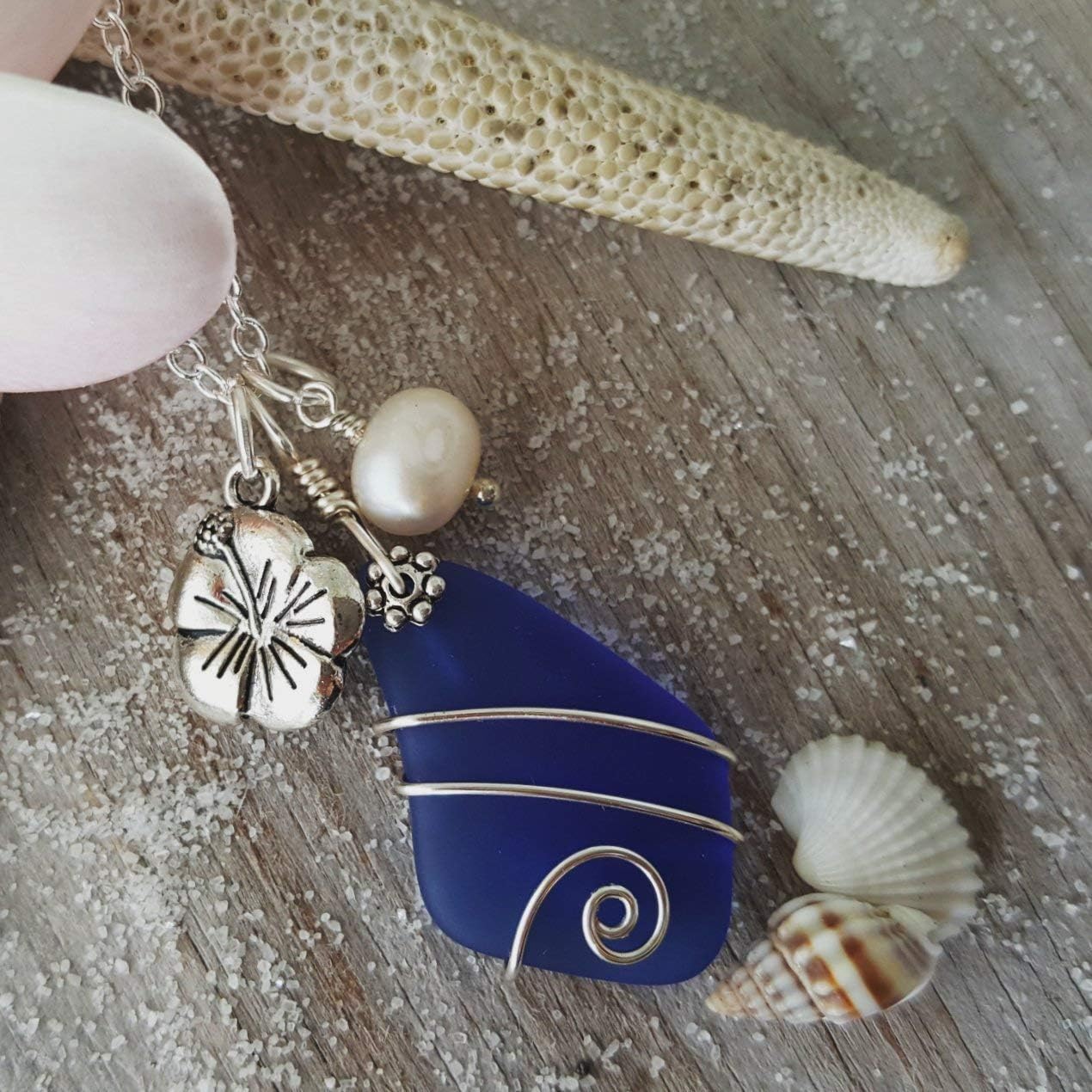 yinahawaii Handmade Sea Glass Necklace, Hawaiian Jewelry For Women, Wire Cobalt Blue Necklace, Hibiscus Pearl Necklace, Beach Birthday Gift For Women (September Birthstone Jewelry)