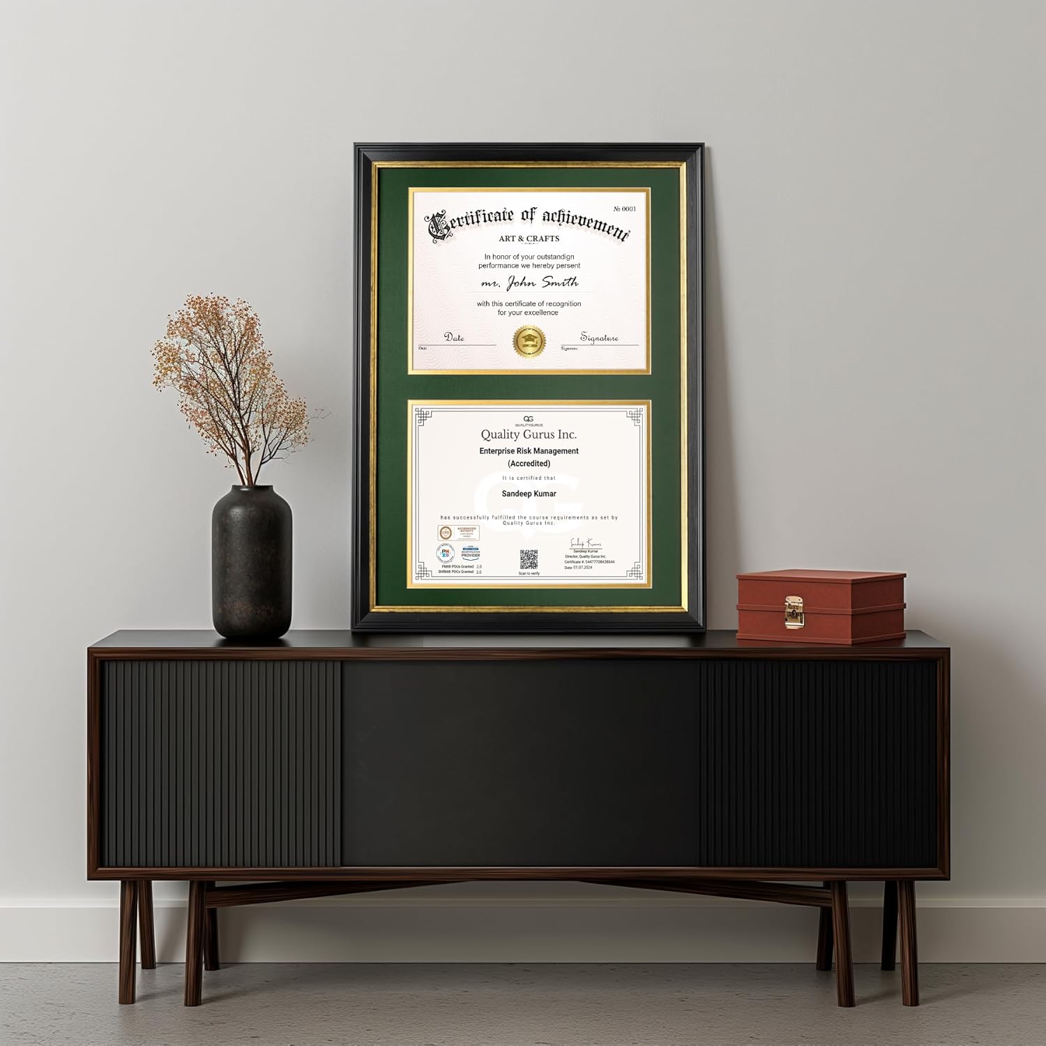 Yaetm Double Diploma Frame 14x20 with Mat for Two 8.5x11 Certificates/Degrees, Shatter-Resistant Real Glass, Acid-Free Green and Gold Mats, Black with Gold Rim Dual Diploma Frame for Graduation