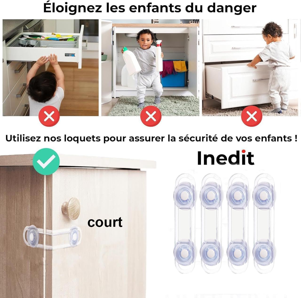 Bloc placard Bebe [Société Française] Sécurité Enfant - Bloque Porte Placard Fenêtre - Protection Sécurite Domestique - Sécurité Serrures Enfant Garantie - Société Française (4 pièces)