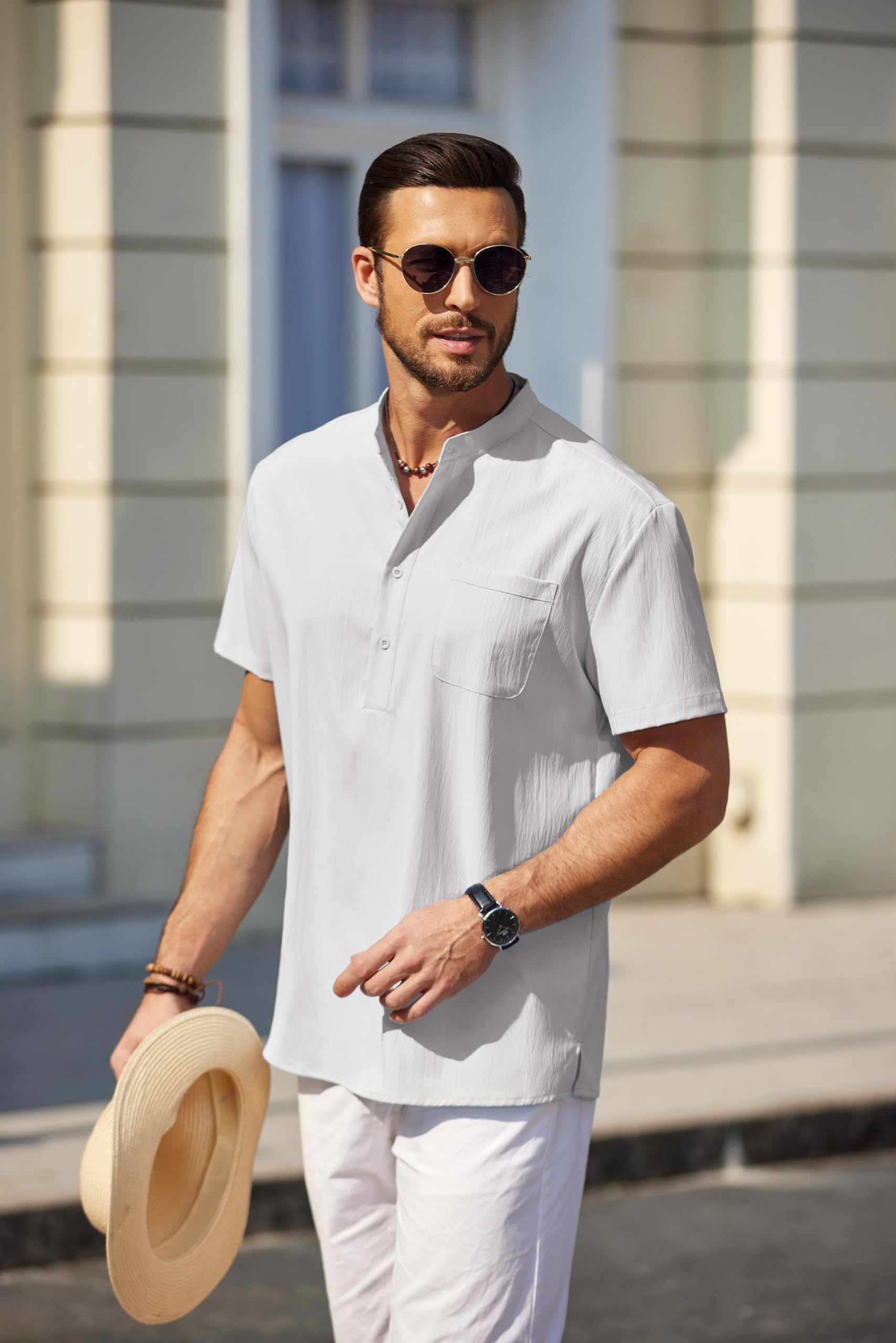COOFANDY Camicia da uomo casual Henley a maniche corte estiva da spiaggia con colletto a fascia hippie Henley t-shirt con tasca