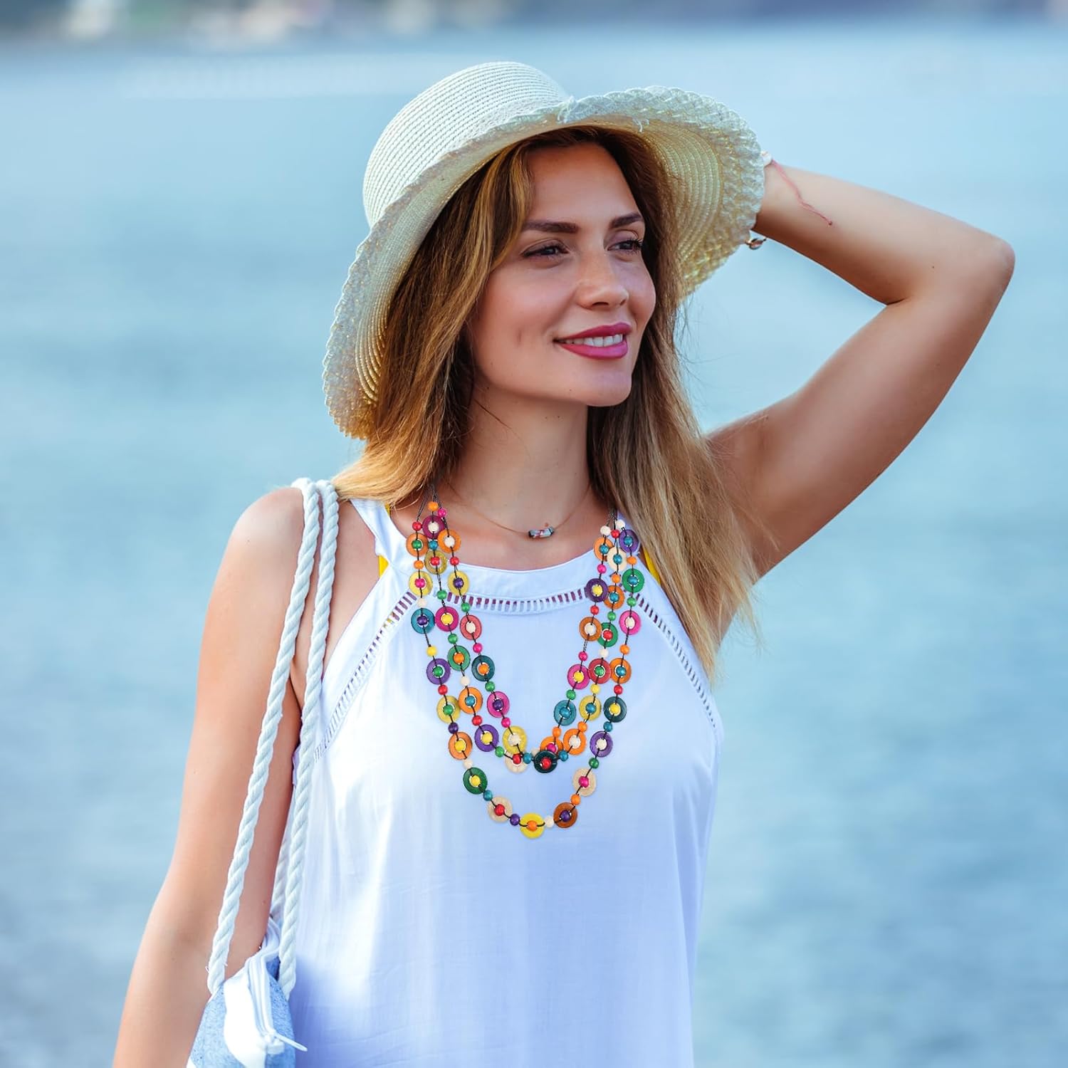 Women Bohemia Necklace 23.62 Inch Hand-Woven Coconut Shell Beads Beach Pendant Charm Fashion Jewelry for Casual and Formal Wear - Image 7