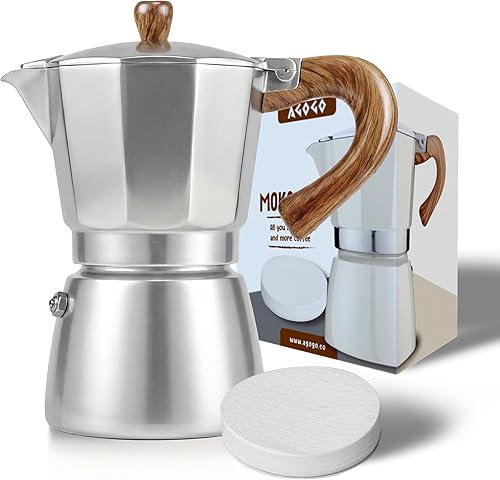 Miniatura 13 de AGOGO Milano Moka - Máquina de café expreso con 100 filtros de papel para café sin sedimentos, greca italiana clásica con mango de grano de madera,