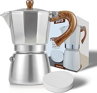 AGOGO Moka Pot Stovetop Espresso Set &Cuban Coffee Maker 6-Cup/300ml Sliver | Upgraded anti-snap grip, Home & camping greca percolator, 100 filters for sediment-free brew, Brush & towel gift set