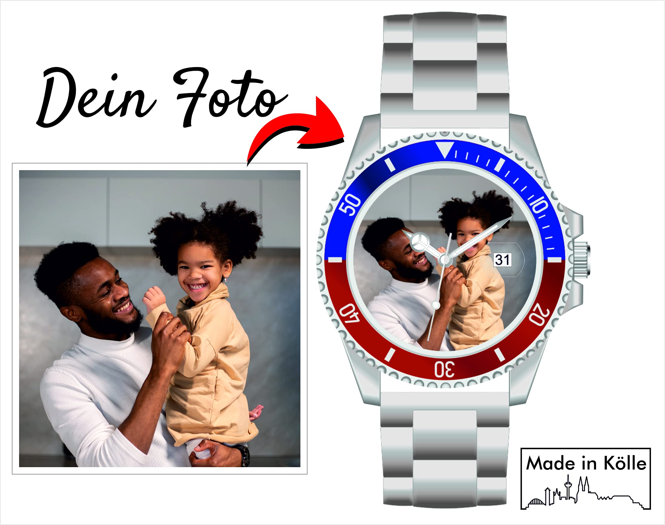 memories Reloj con foto de 40 mm de diámetro, acero inoxidable, pulsera de 3 bares, indicador de fecha, fabricado en Alemania, plata, Pulsera
