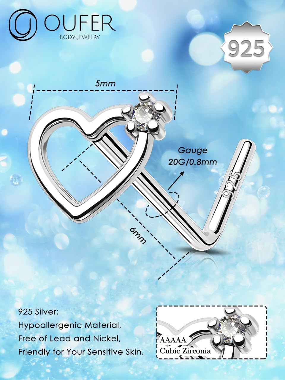 OUFER 925 Sterling Silver Nose Stud L Nose Rings 20G Nostril Solid Heart Nose Piercings Jewelry Cartilage Earrings for Women Men (L - Heart) - Image 3