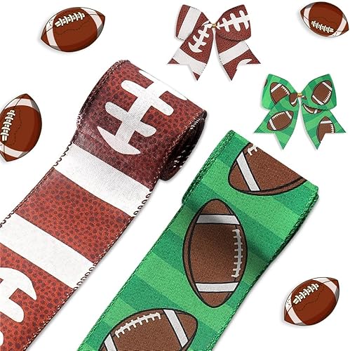 Miniatura 8 de Hying 2 rollos de cintas de fútbol del Super Bowl para lazos de corona, rollos deportivos con borde con alambre, cinta de arpillera negra y roja,