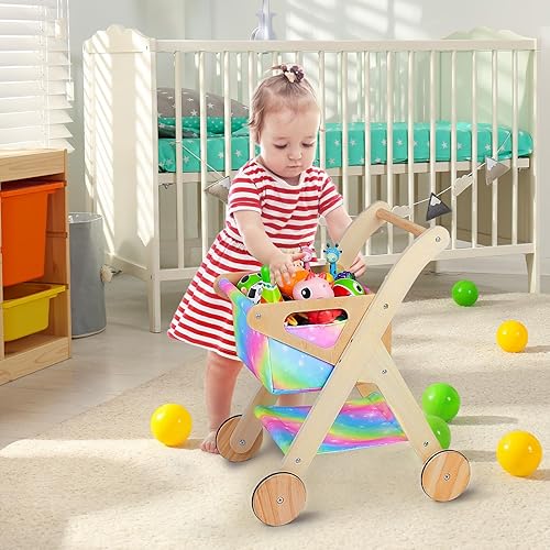 Miniatura 3 de FIOBEE Carrito de compras para niños Carrito de compras de juguete con cesta Juguetes de madera para bebés, carrito de comestibles para niños y