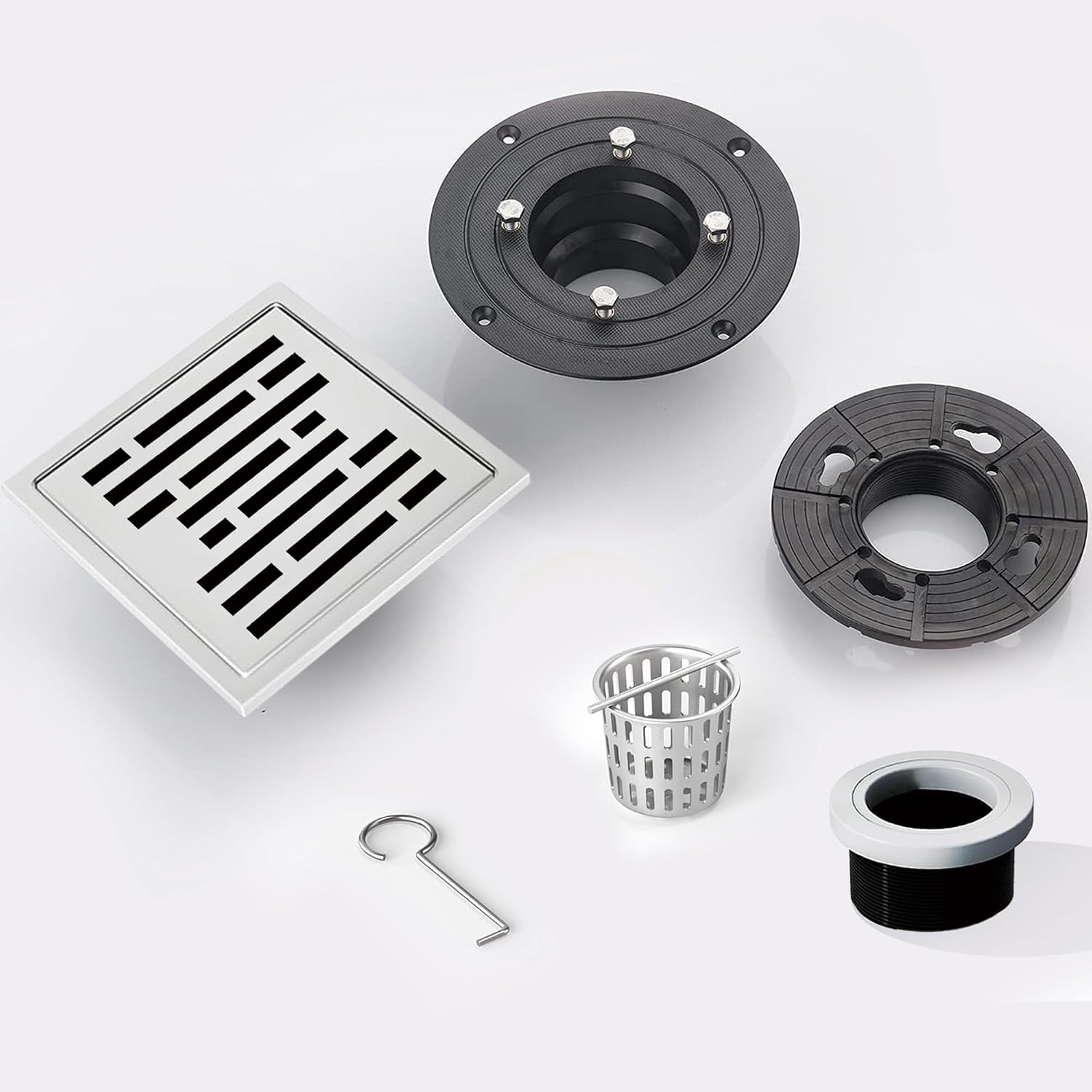 6 Inch Square Shower Floor Drain, Shower Drain Kit with Flange, Square Shower Drain, SUS 304 Stainless Steel Floor Drain,Silver