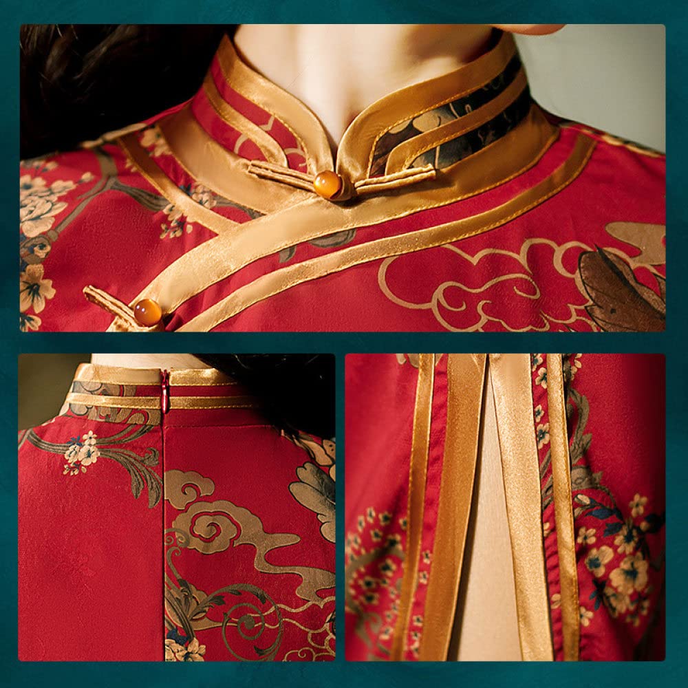 Abito Cinese da Donna - Elegante Abito da Sposa Floreale con Stampa Floreale da Sposa Orientale in Raso con Collo alla Coreana da Sera Qipao Oversize A Maniche Lunghe Cheongsam