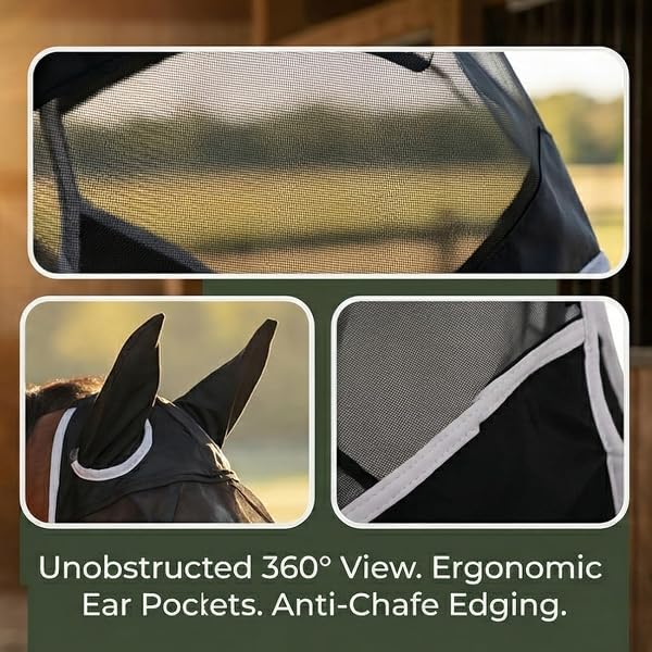 Masque Anti Mouche Cheval, Bonnet Anti Mouches Noir pour Chevaux avec Oreilles, Modèle One Piece, Maschera per Occhi in Maglia Traspirante per il Viso, Protection Anti-Tau pour Chevauxr (L) - 2