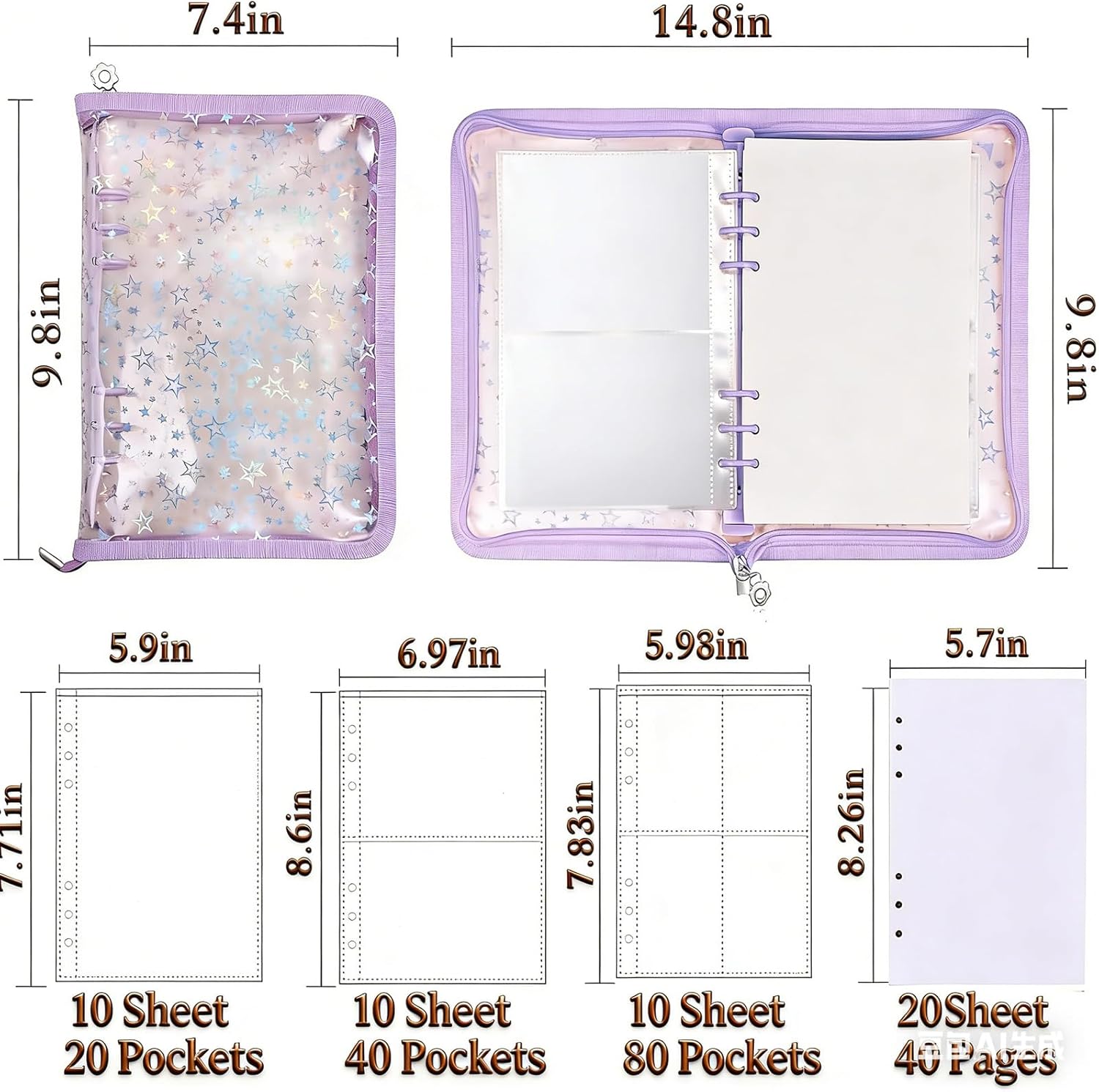 A5 Flash Zip Sticker Cash Register Sticker Storage Sticker Scrapbook Recording Tidy 40 Inner Layers (Stars Purple)