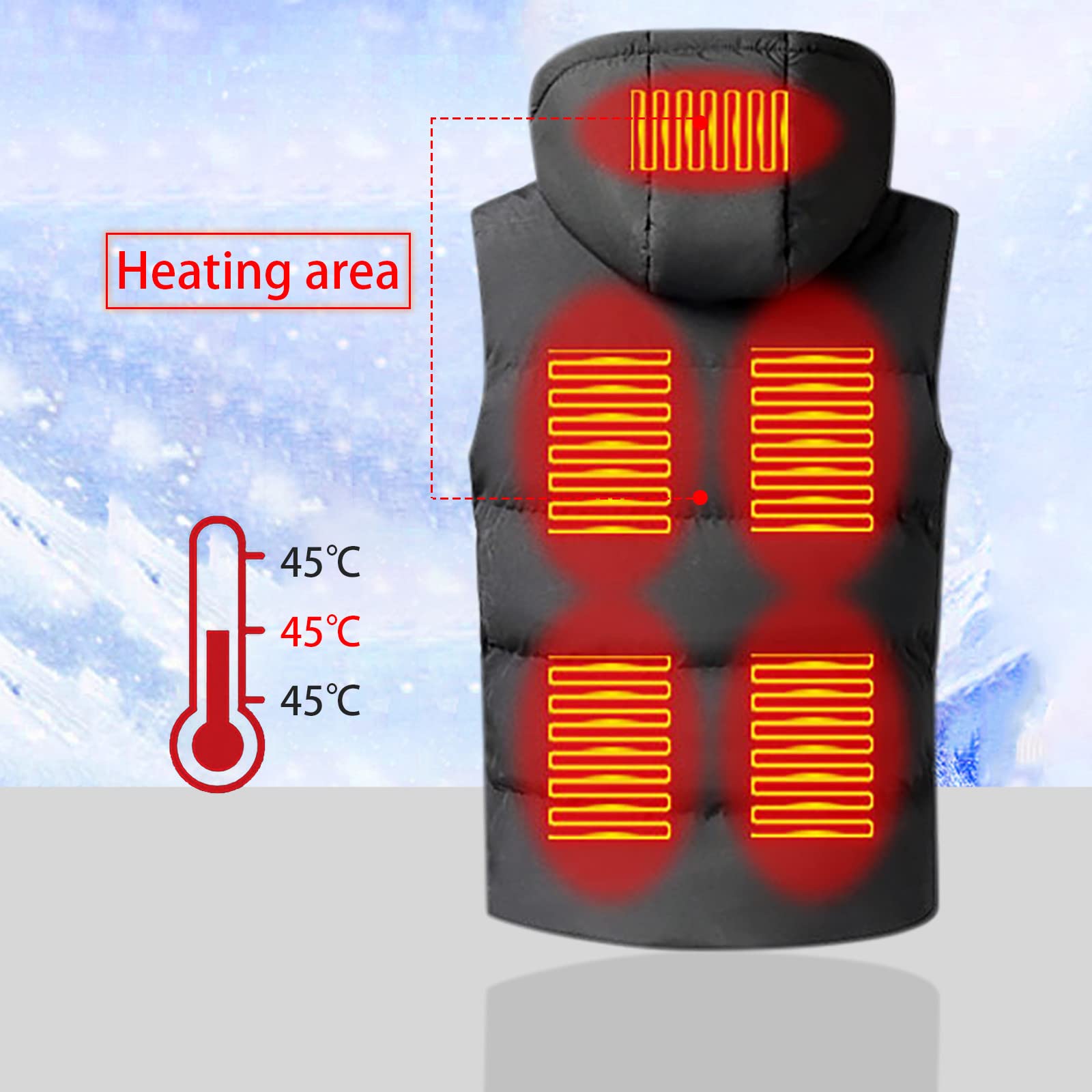 Gilet riscaldabile unisex, 3 temperature regolabili, giacca riscaldata con cappuccio, 7 zone di riscaldamento, USB, da uomo e da donna, senza maniche, per escursioni, moto, caccia, sci