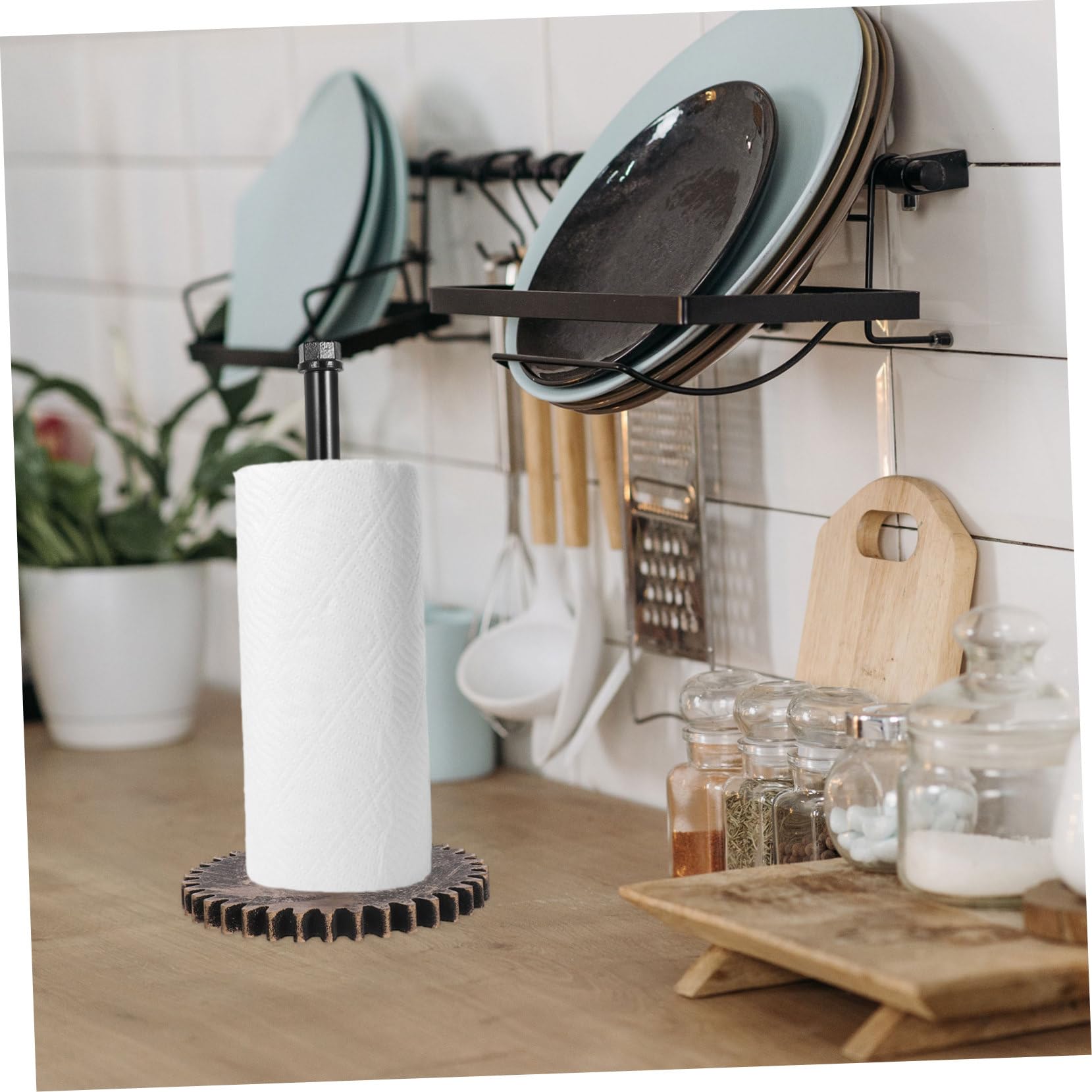 Portarotoli da Cucina a Tubo Nero in Ferro e Legno Design Industriale | Supporto Multifunzione, per Carta e Pellicola, Installazione Semplice, Adatto a Cucine Domestiche