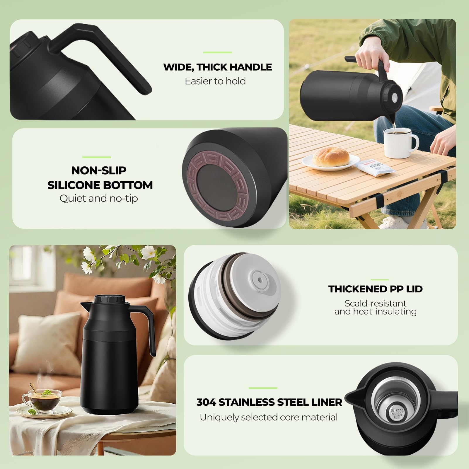 Thermoskanne Kaffeekanne Doppelwandige Edelstahl Vakuum Isolations, Heißer Und Kalter Tee/Kaffee, Isolierkanne Mit Einfachem Sicherheitsdruckknopf, Rutschfestem Boden (Schwarz,2L)