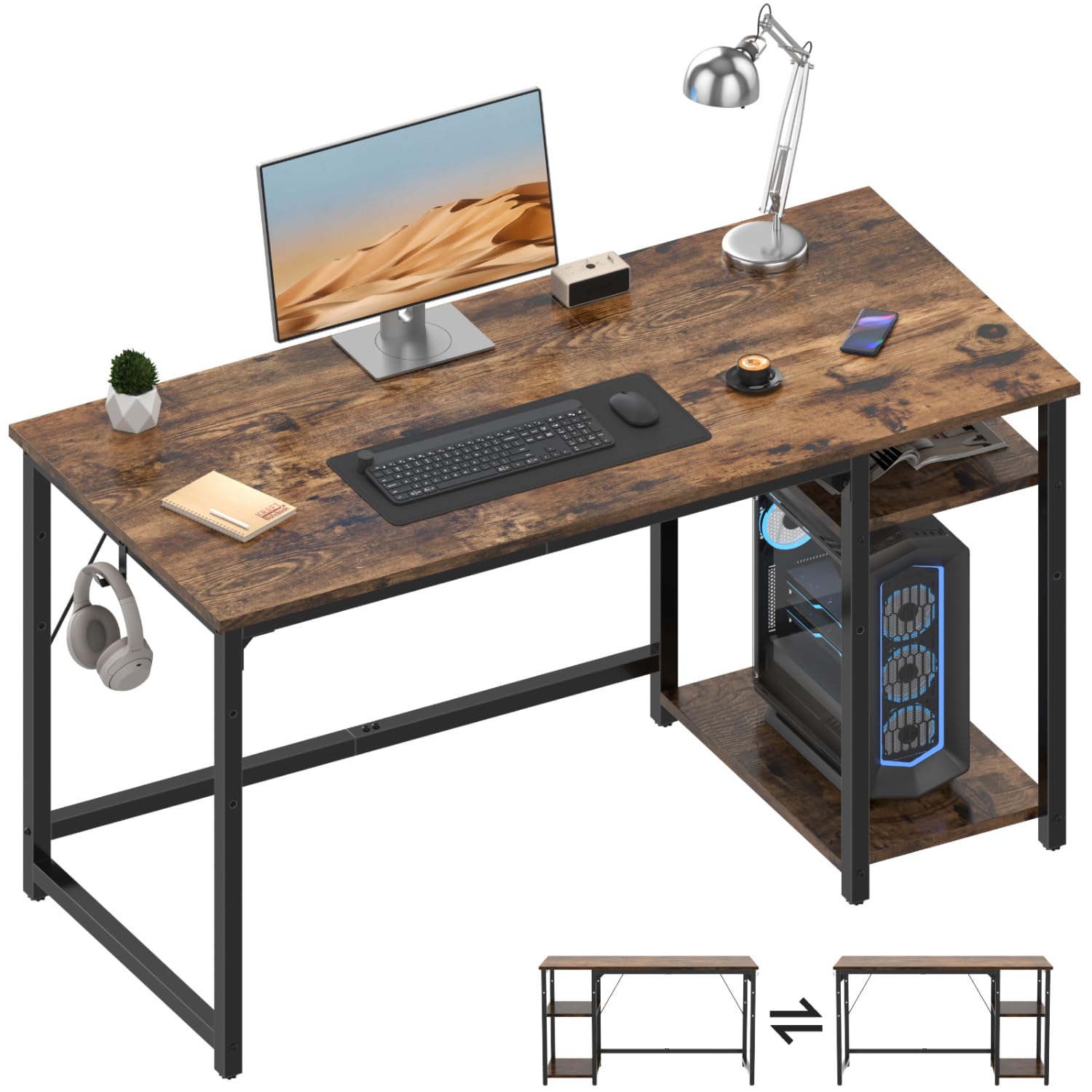 Airfish Mesa Escritorio, Escritorio Ordenador con Estanteria, Mesa de Juego, 120x50x75cm, con Estante Organizador, Gancho para Auriculares, para Oficina, Dormitorio, Sala de Estudio Marrón