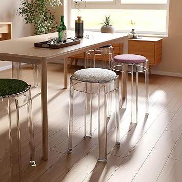 Stackable Stools Set of 2, Transparent Bar Stool Seat, Soft Stool Round Compact Acrylic Stool 18 inch for Family Gatherings, Breakfast Bar,Meeting Stool, Prayer Stool(Color:Clear+White)