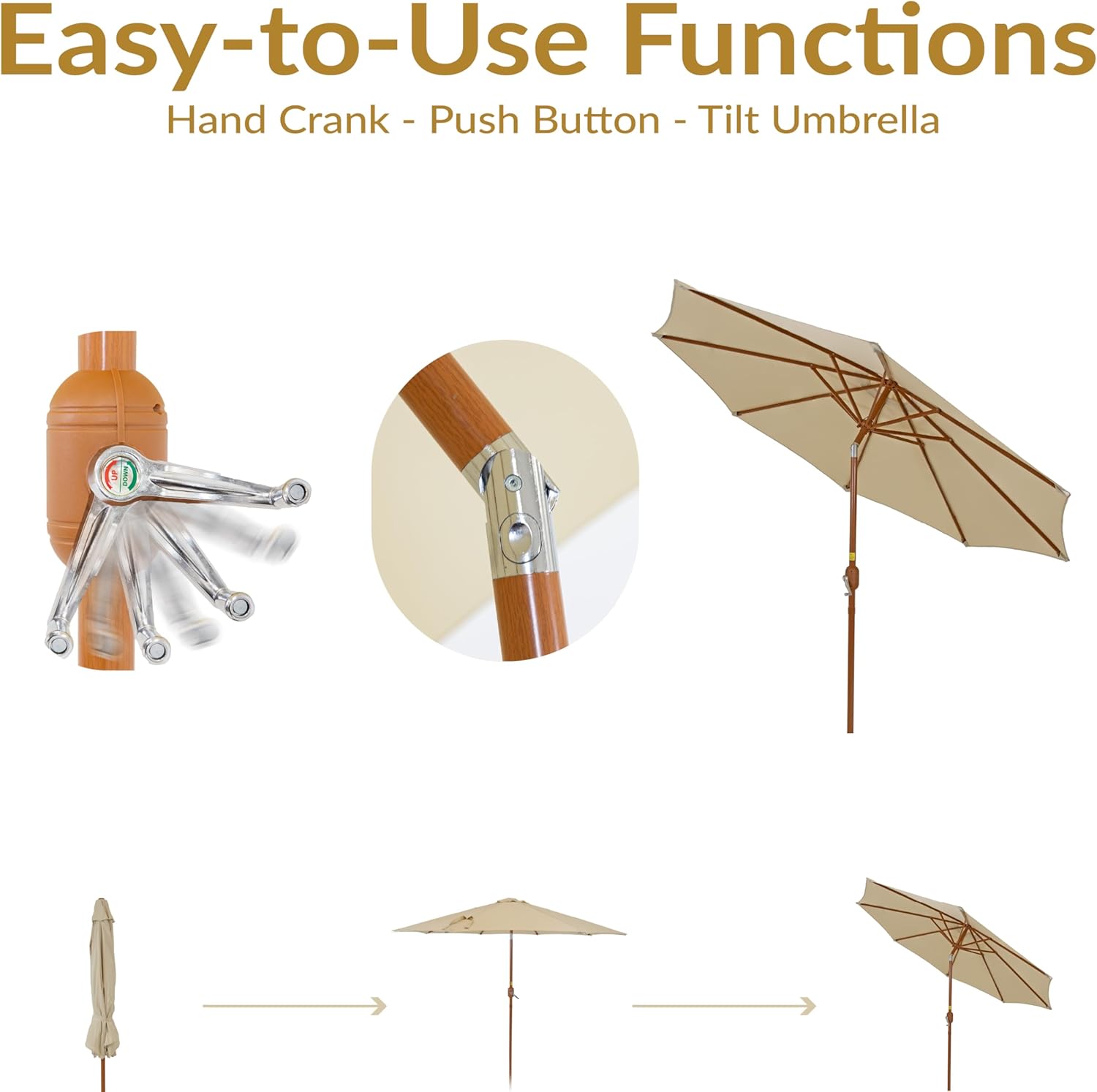 Sunnydaze 8.5 ft Outdoor Patio Umbrella with Push Button Tilt and Crank - Faux Woodgrain Finish - Large Vented Market Umbrella